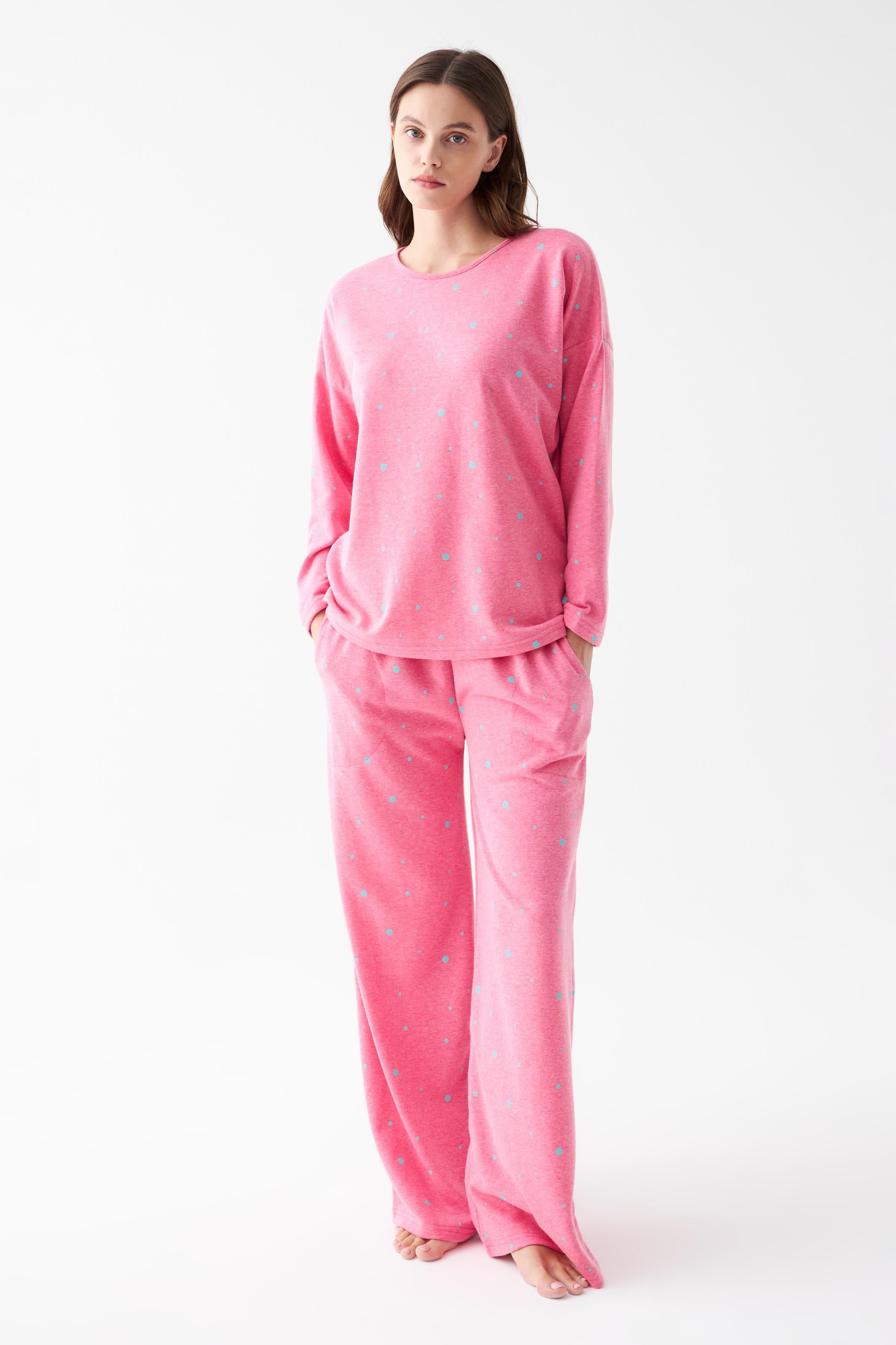 Akbeniz Kadın Oversize Pembe Puantiyeli Pamuklu Kalın Pijama Takımı