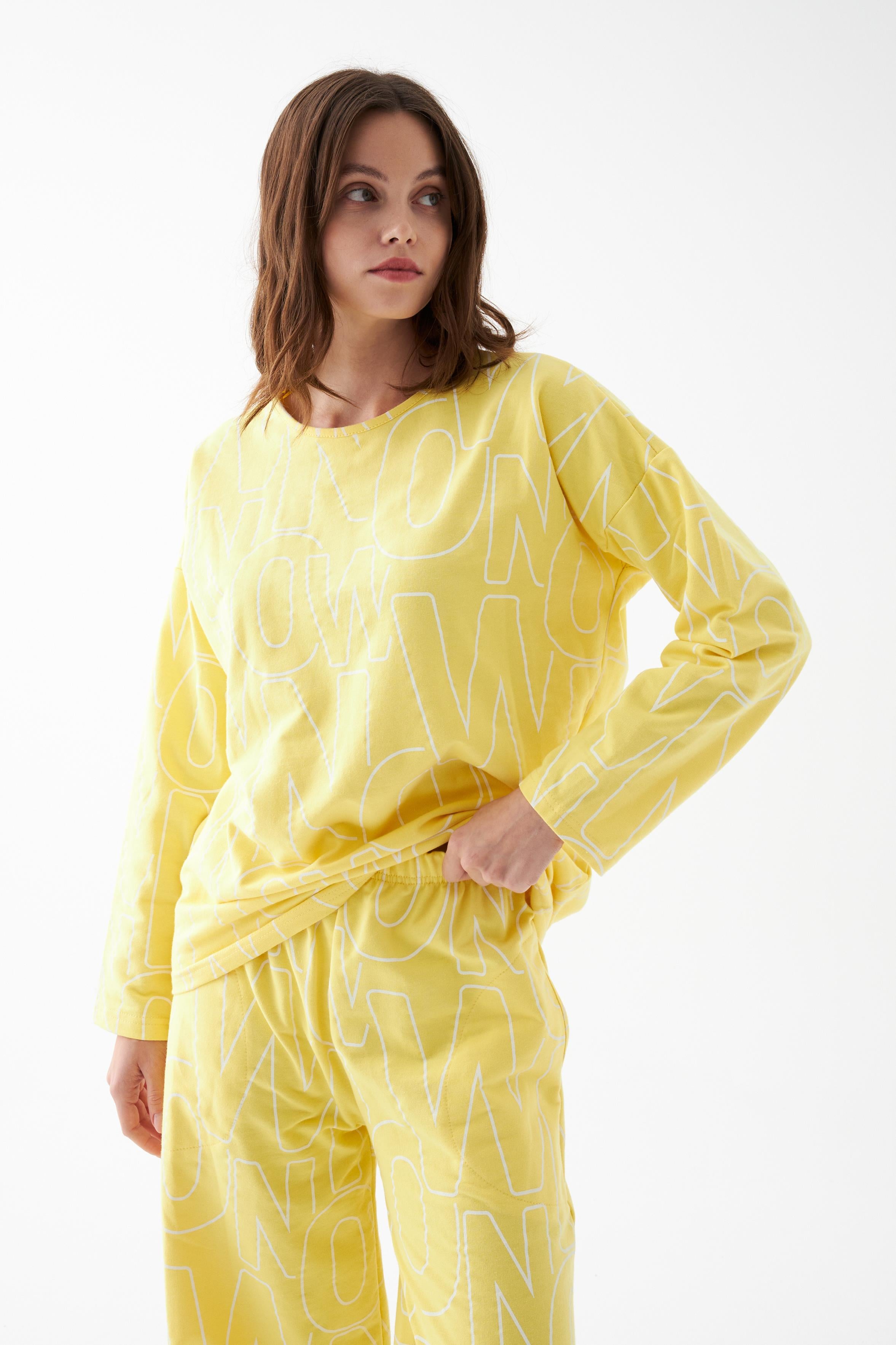 Akbeniz Kadın Oversize Sarı Desenli Pamuklu Kalın Pijama Takımı