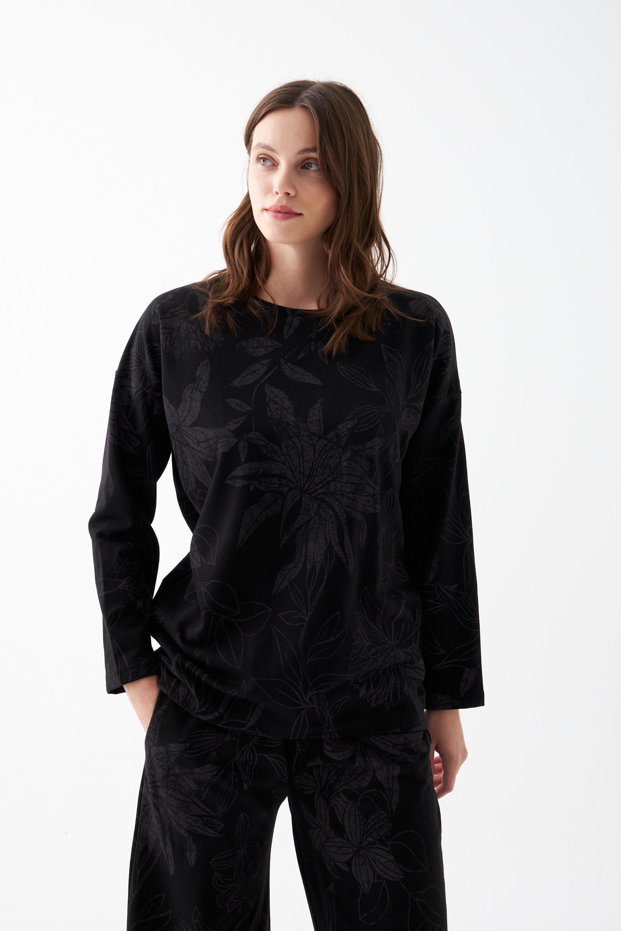 Akbeniz Kadın Oversize Siyah Çiçek Desenli Pamuklu Kalın Pijama Takımı
