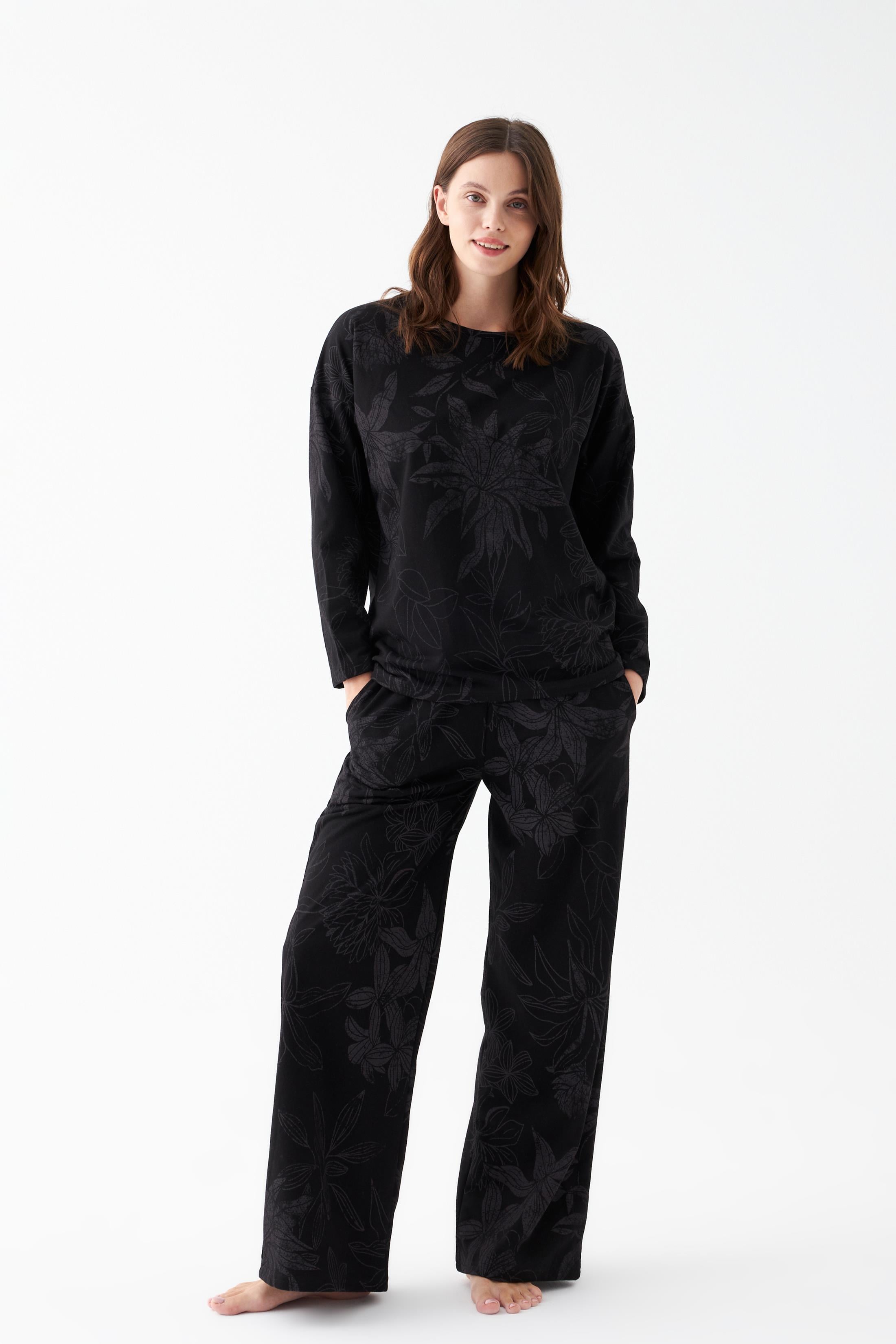Akbeniz Kadın Oversize Siyah Çiçek Desenli Pamuklu Kalın Pijama Takımı