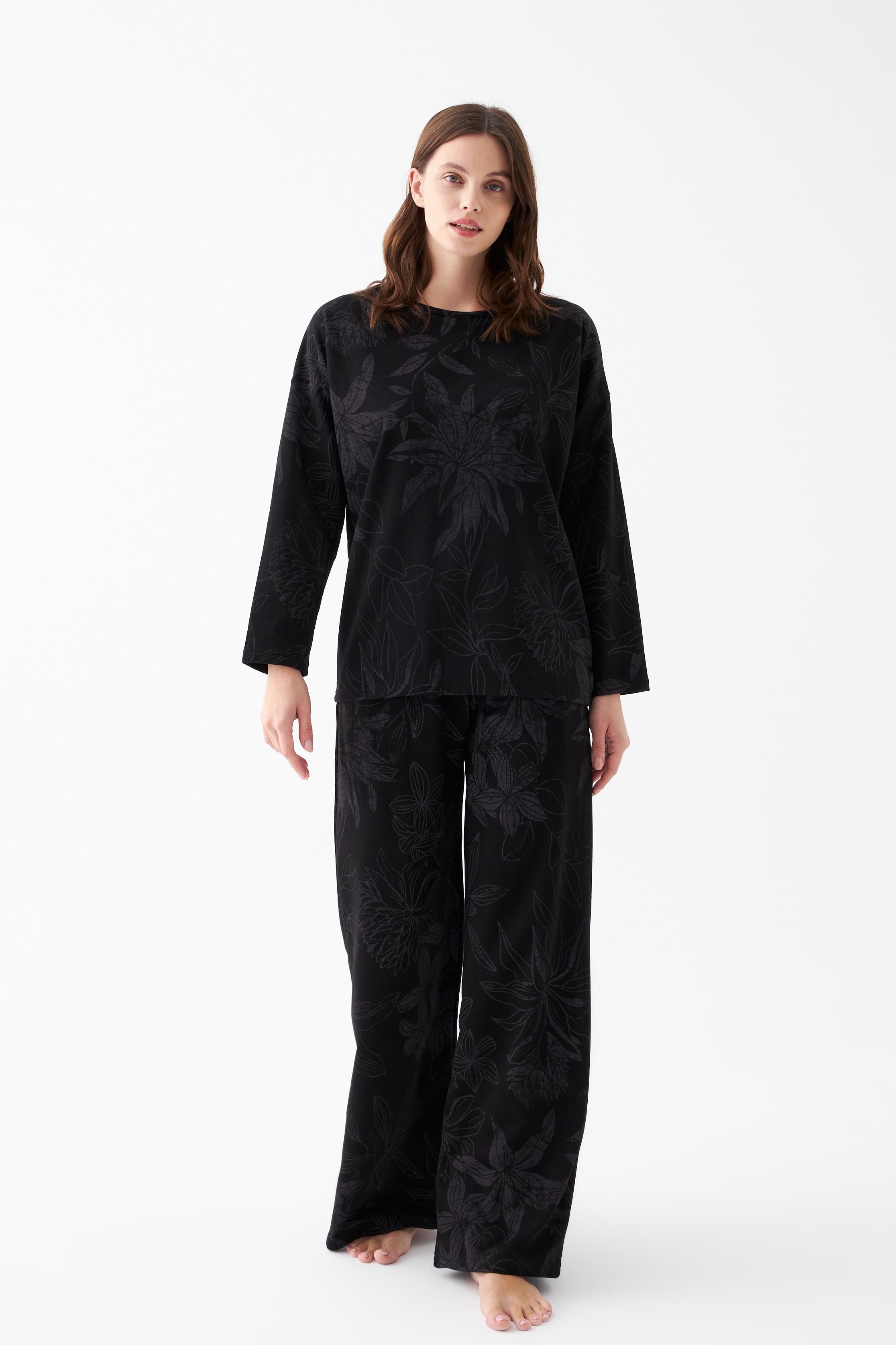 Akbeniz Kadın Oversize Siyah Çiçek Desenli Pamuklu Kalın Pijama Takımı