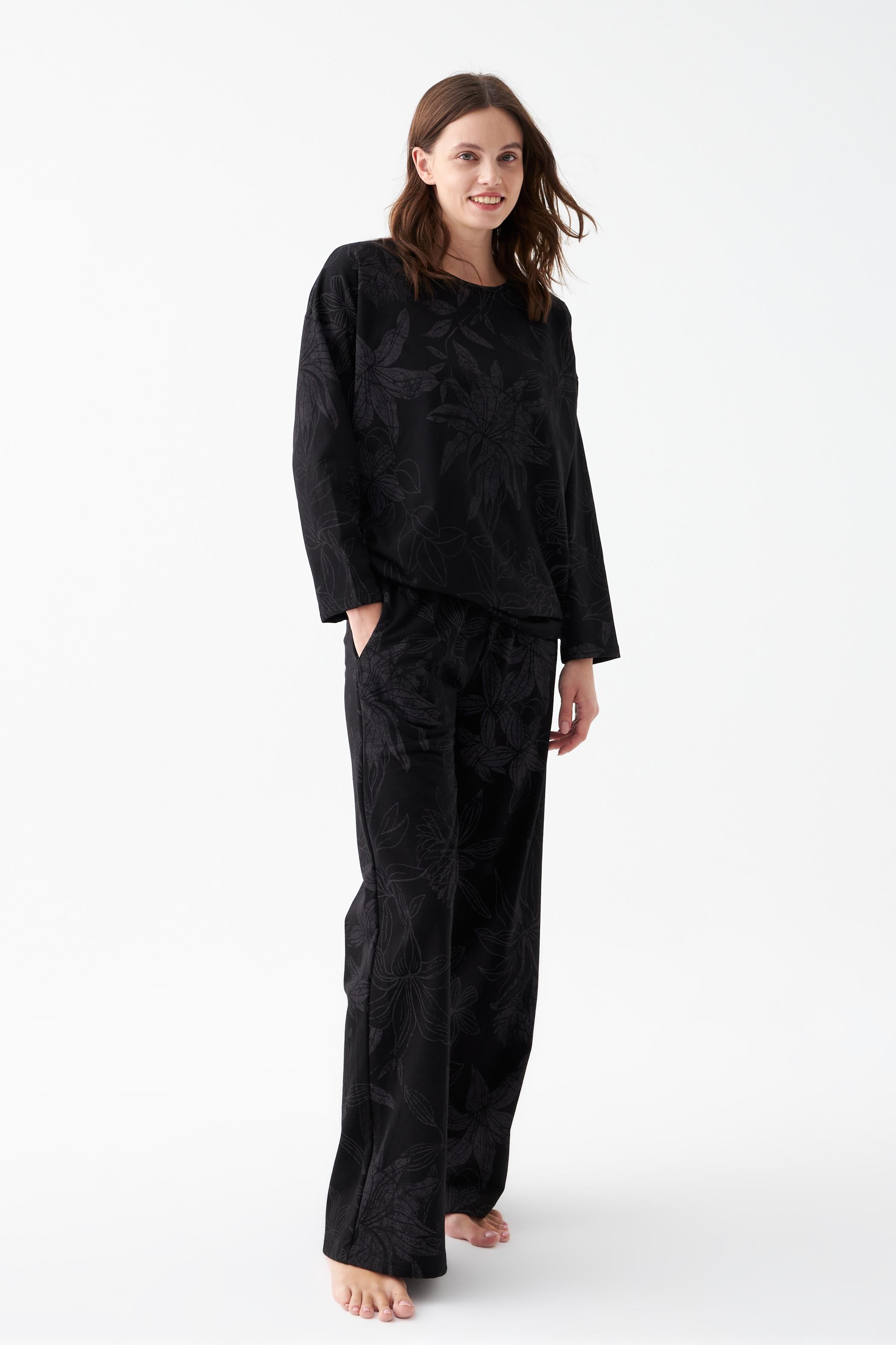 Akbeniz Kadın Oversize Siyah Çiçek Desenli Pamuklu Kalın Pijama Takımı