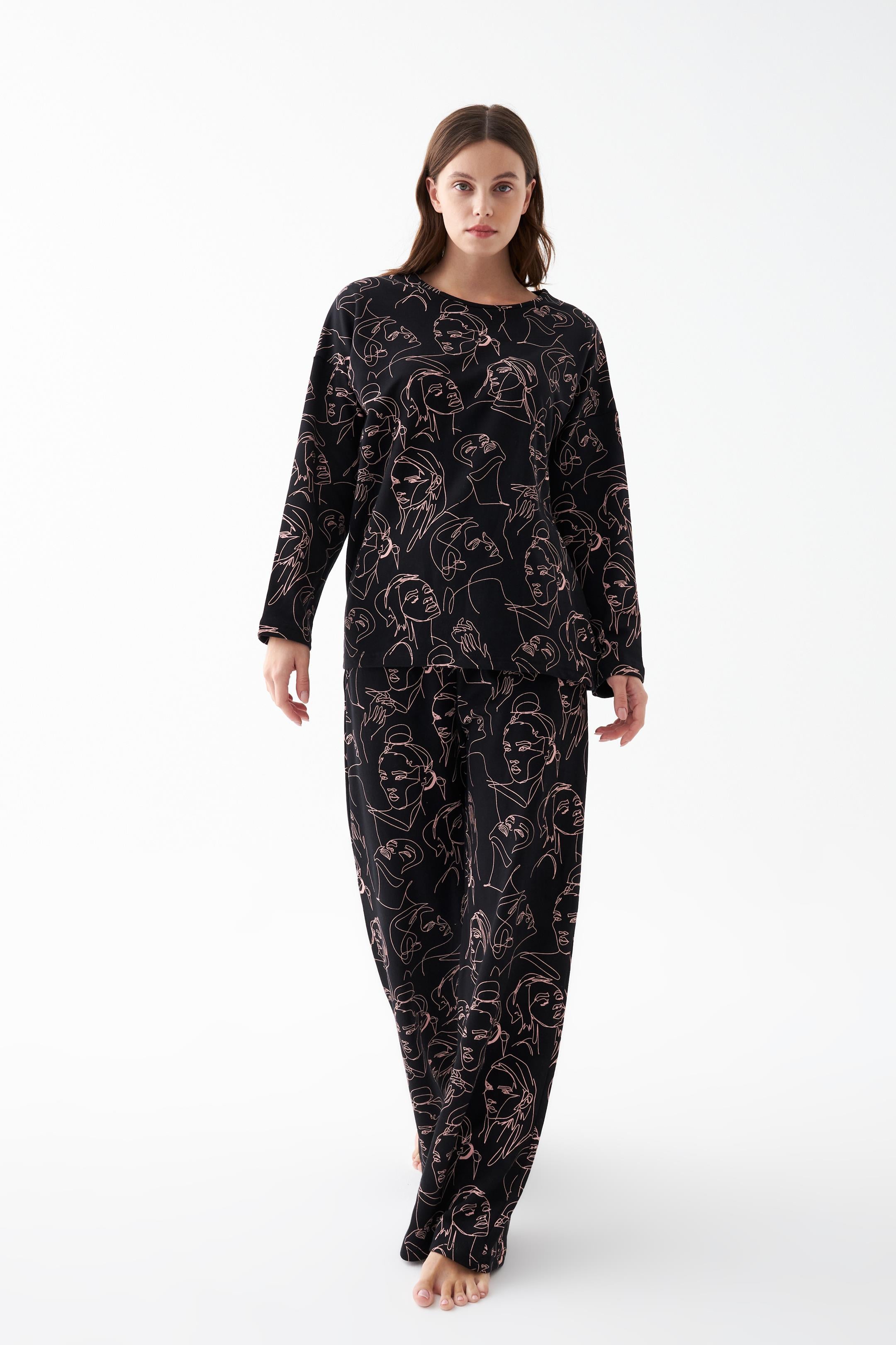 Akbeniz Kadın Oversize Siyah Line Art Desenli Pamuklu Kalın Pijama Takımı