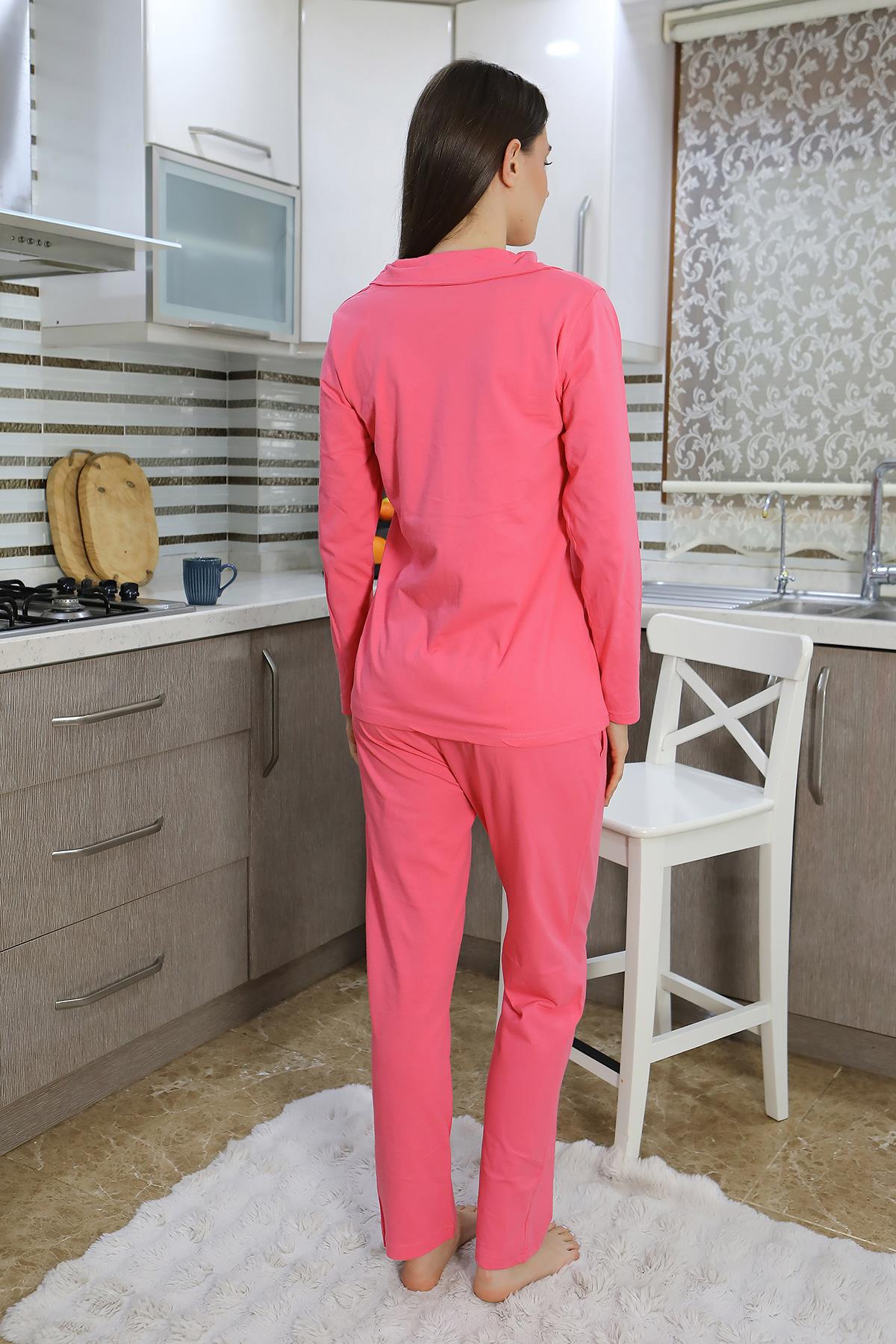 Akbeniz Kadın Pamuk Penye Önden Düğmeli Uzun Kol Pijama Takım Pembe 2783