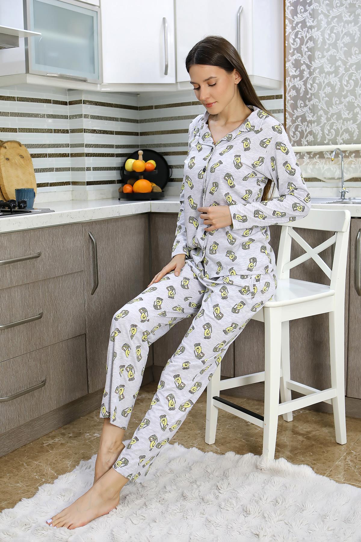 Akbeniz Kadın Pamuk Penye Önden Düğmeli Uzun Kol Pijama Takım Gri 2784