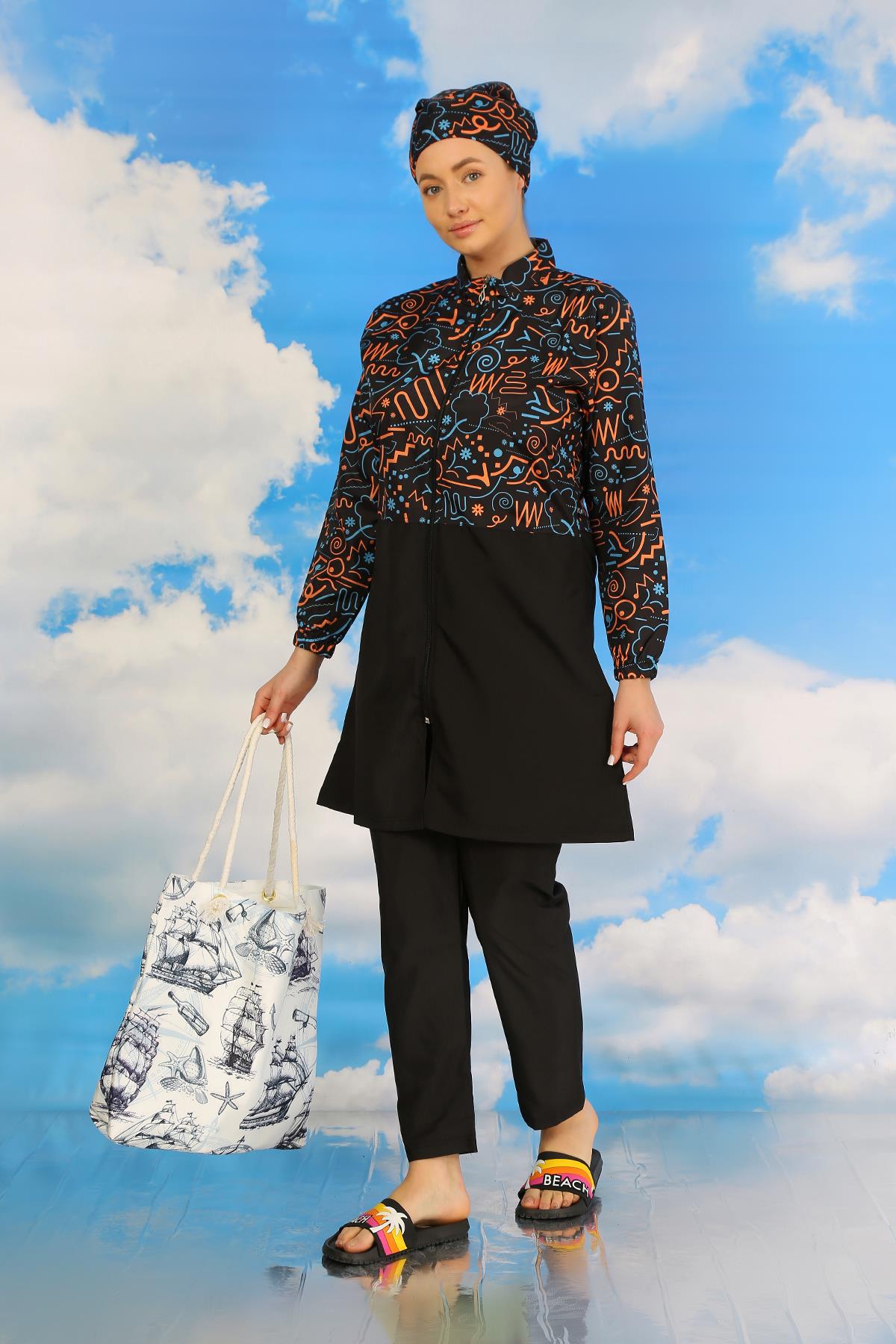 Akbeniz Kadın Pantolonlu Desenli Tam Tesettür Mayo Siyah 31075