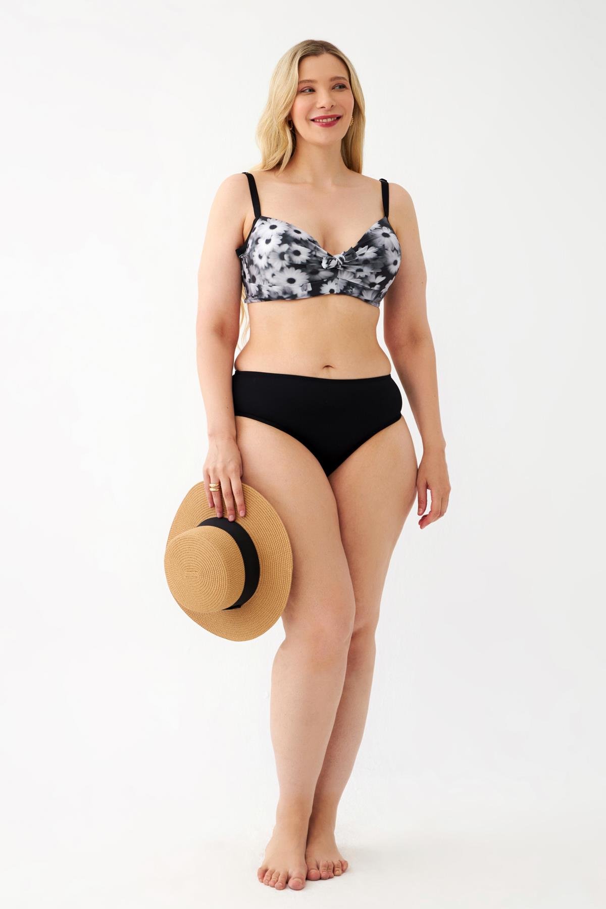 Akbeniz Kadın Papatya Desenli Gri Büyük Beden Bikini Takımı