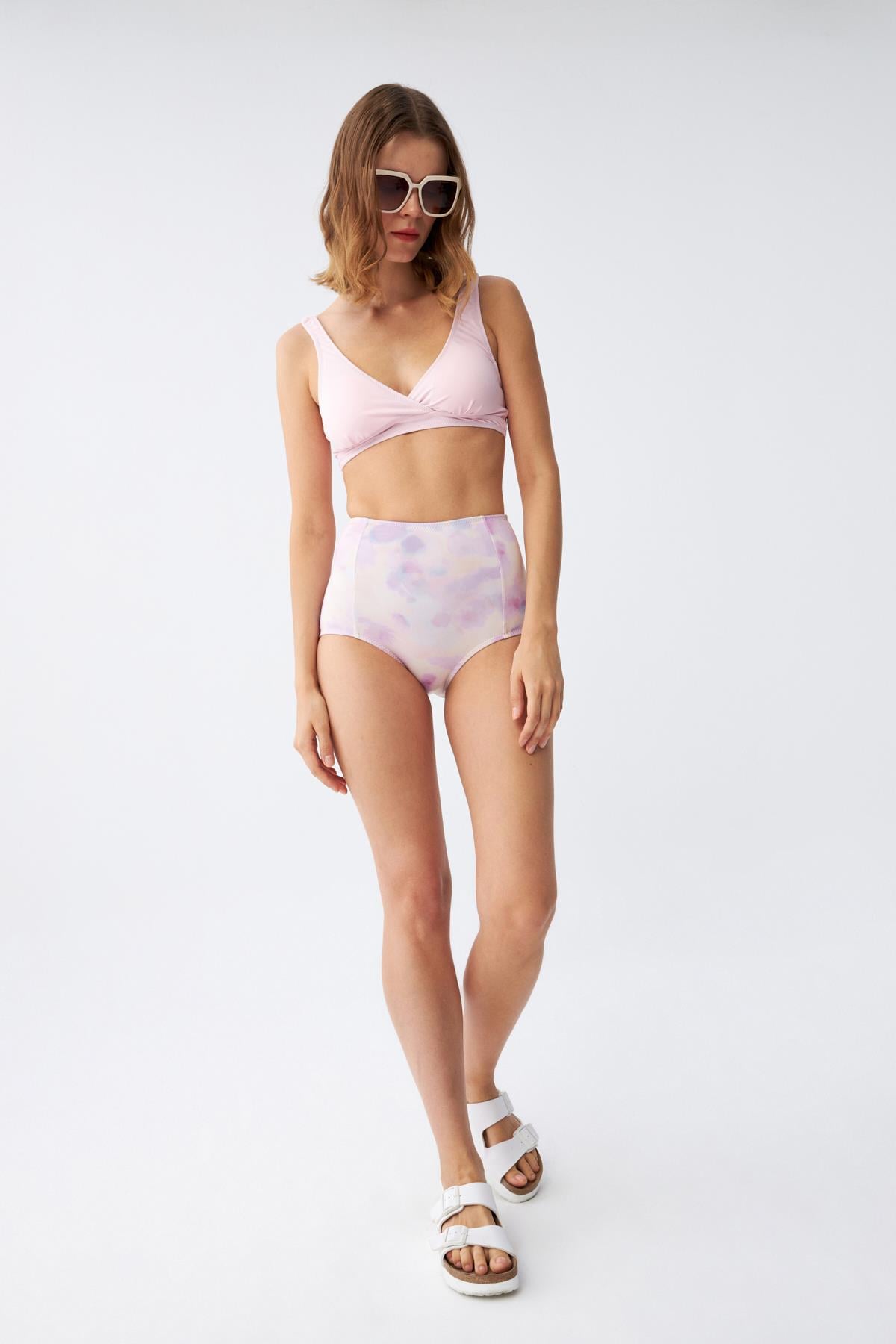 Akbeniz Kadın Pembe Pedli Üst ve Pastel Desenli Yüksek Bel Bikini Takımı