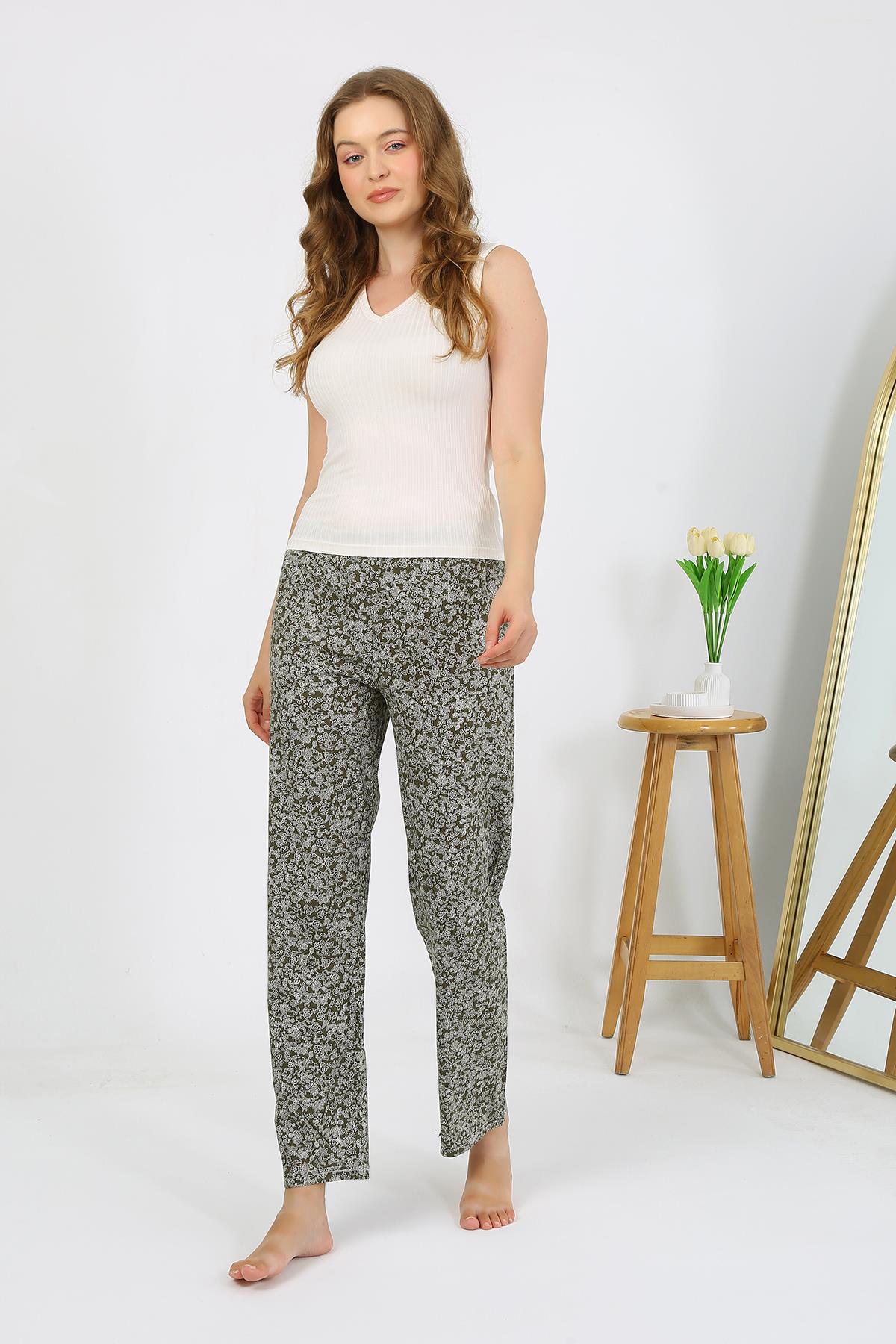 Akbeniz Kadın Penye Desenli Tek Alt Pijama 27533 Haki