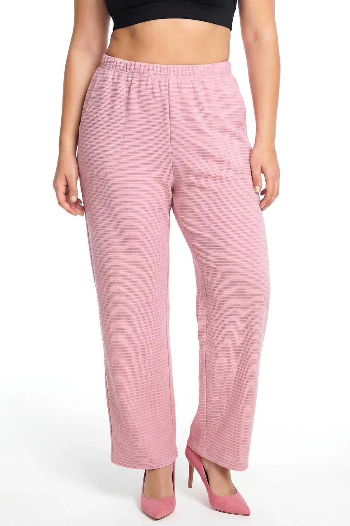 Akbeniz Kadın Pudra Pembe Dokulu Büyük Beden Cepli Pijama Altı