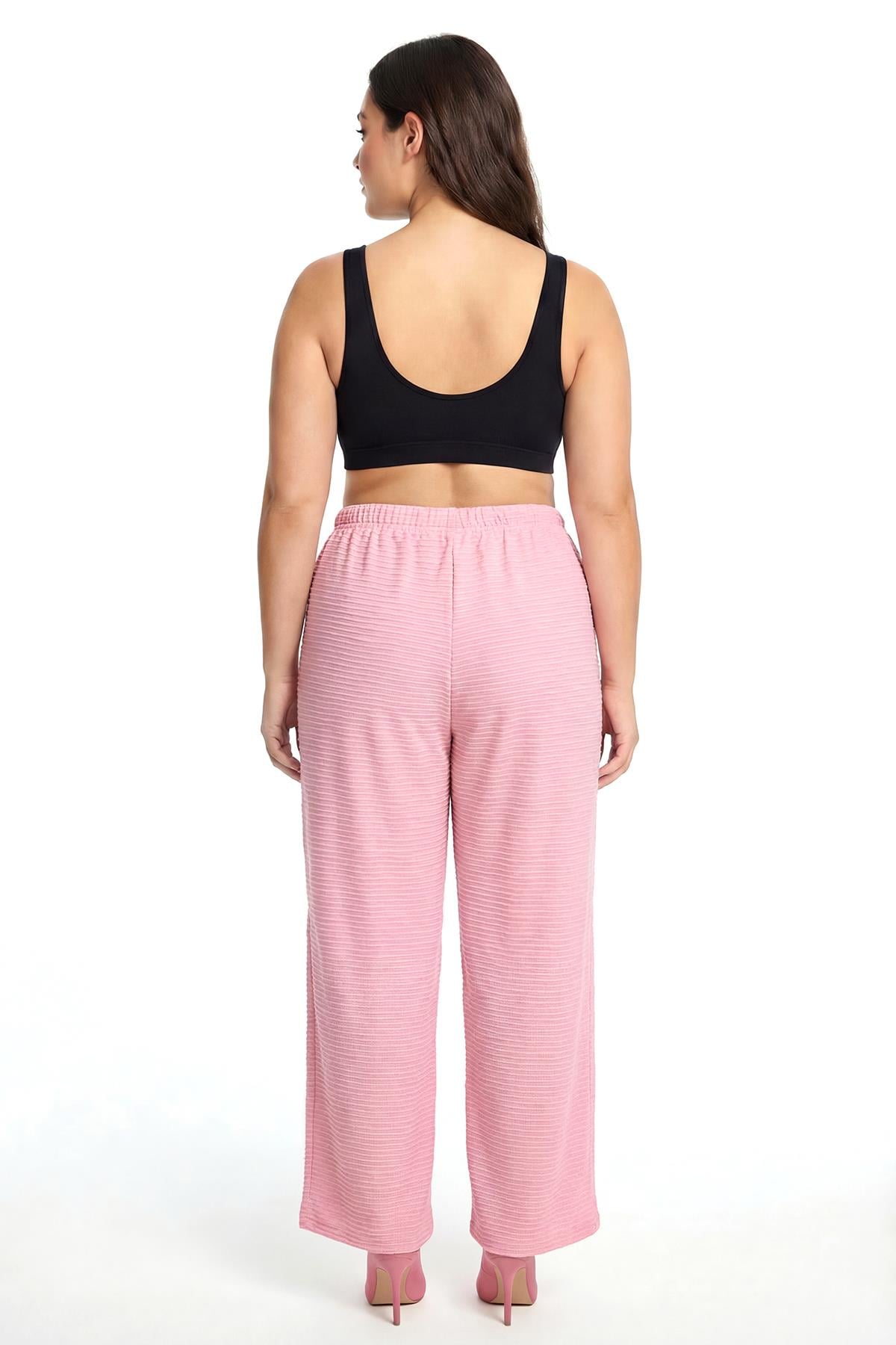 Akbeniz Kadın Pudra Pembe Dokulu Büyük Beden Cepli Pijama Altı