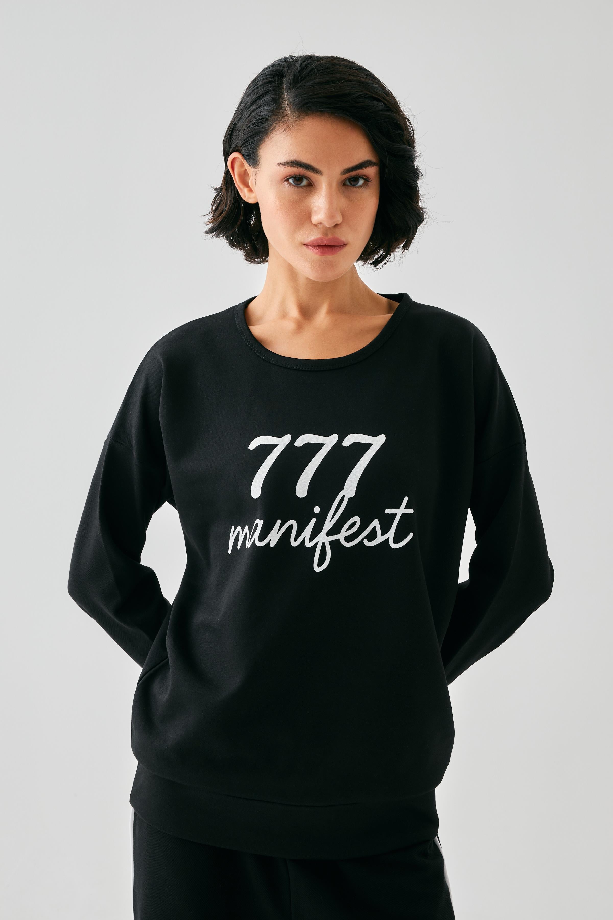 Akbeniz Kadın Siyah 777 Manifest Oversize 2 İplik Eşofman Ev Giyim Takımı