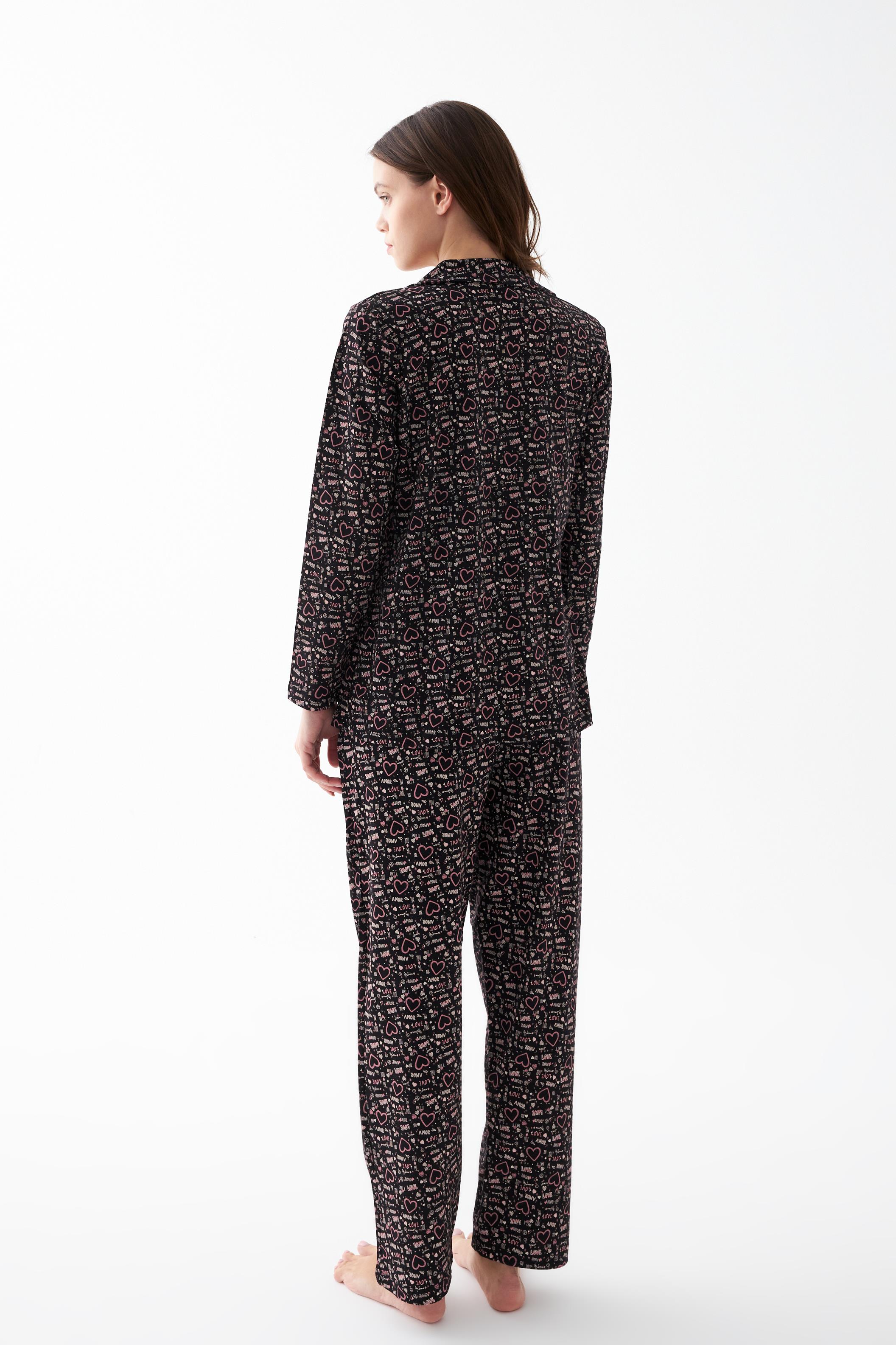 Akbeniz Kadın Siyah Düğmeli Kalp Desenli Pamuklu Pijama Takımı