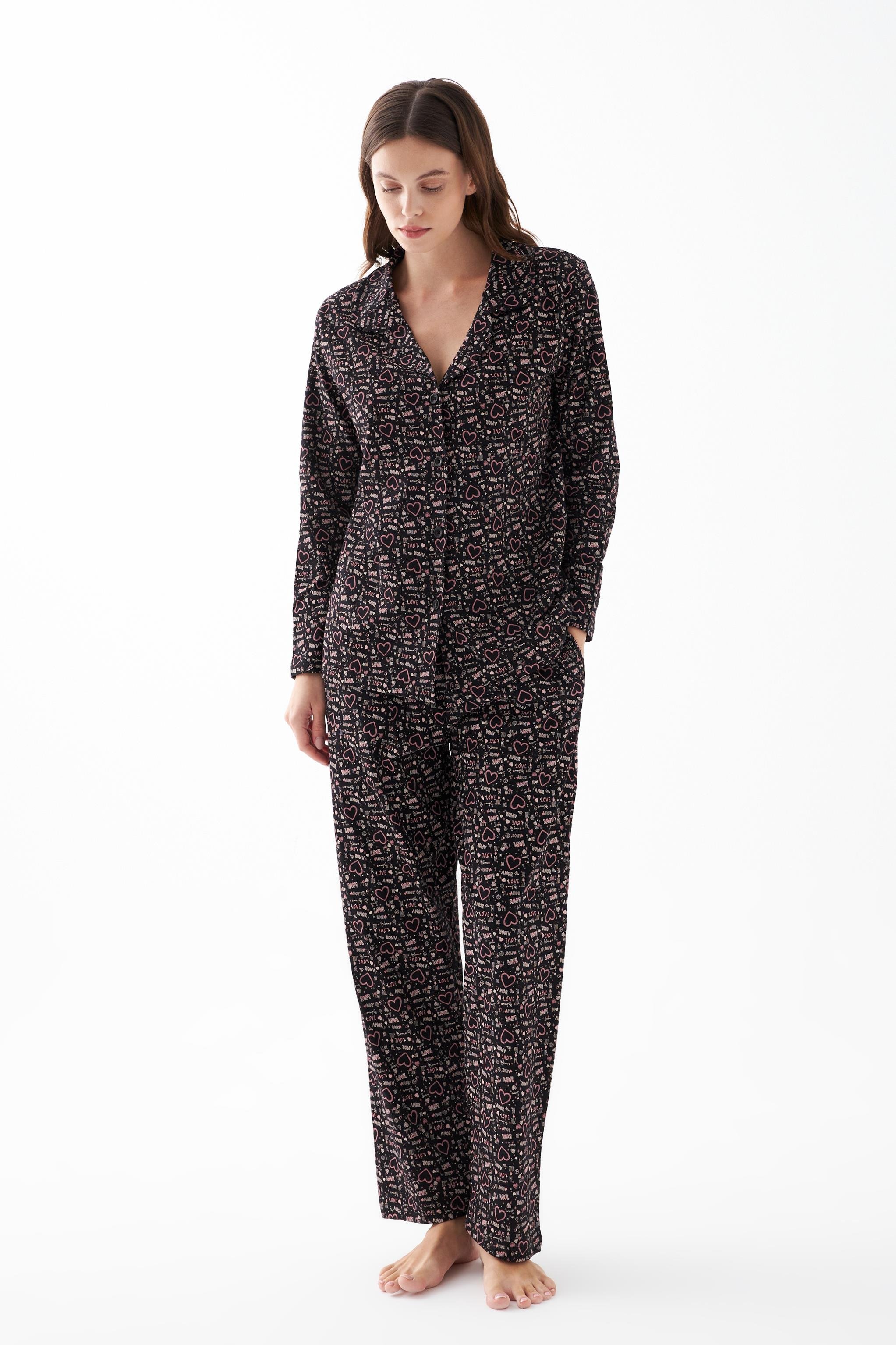 Akbeniz Kadın Siyah Düğmeli Kalp Desenli Pamuklu Pijama Takımı