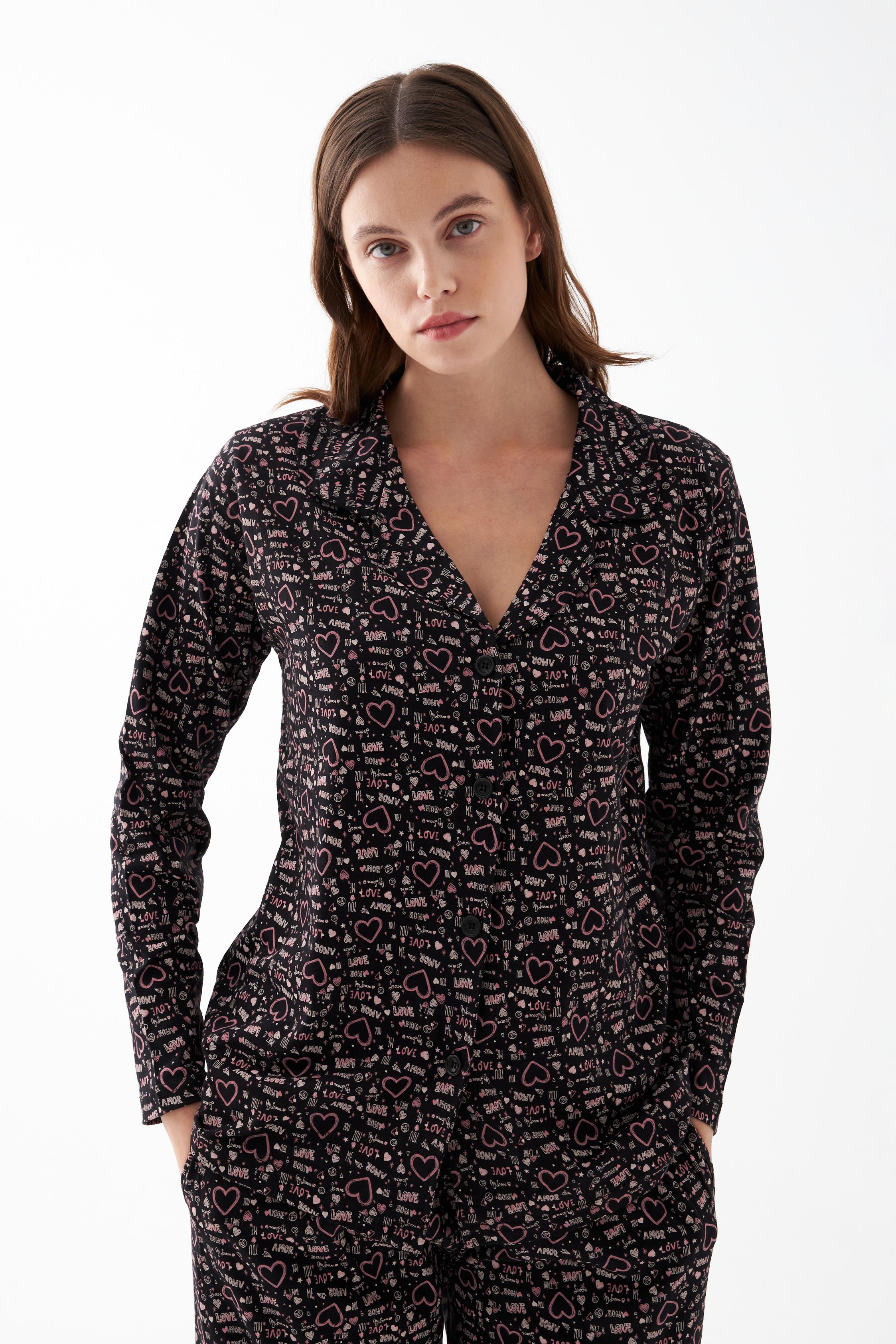 Akbeniz Kadın Siyah Düğmeli Kalp Desenli Pamuklu Pijama Takımı