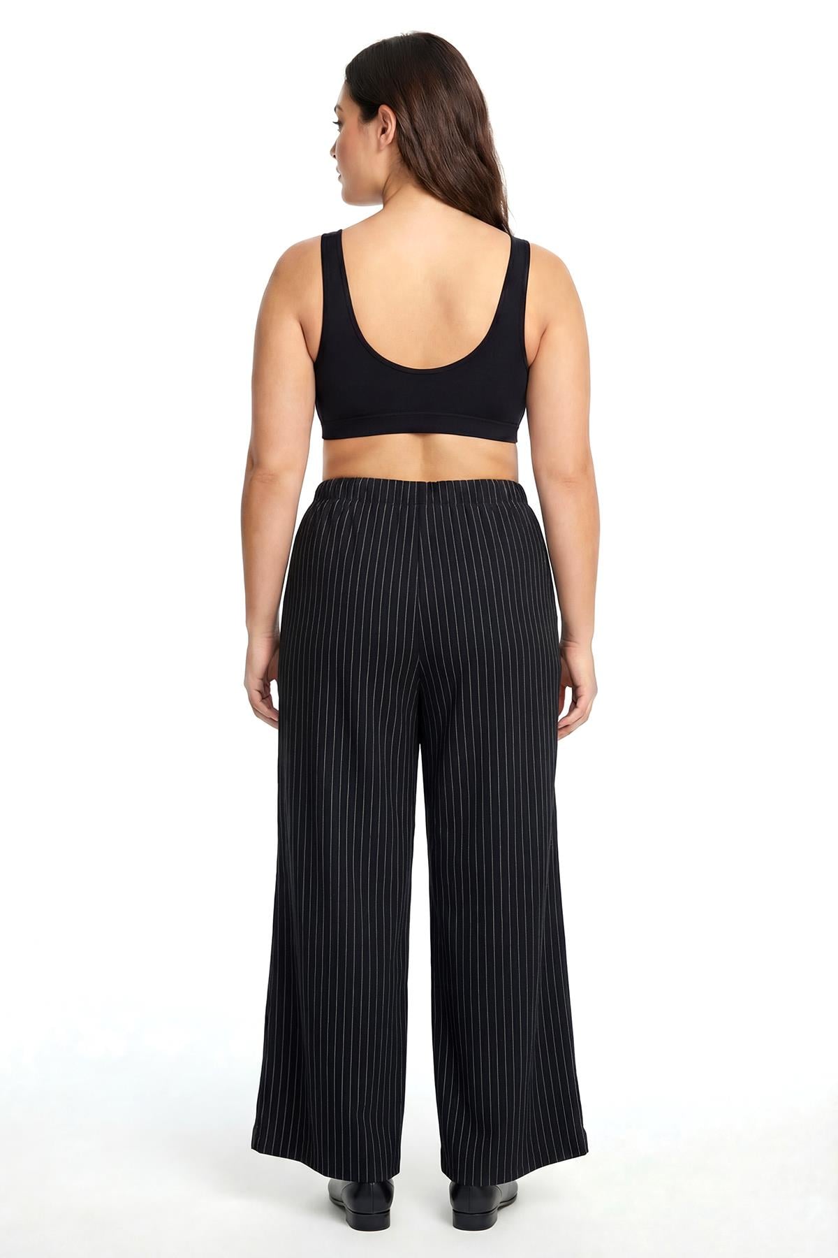 Akbeniz Kadın Siyah İnce Çizgili Büyük Beden Cepli Pijama Altı