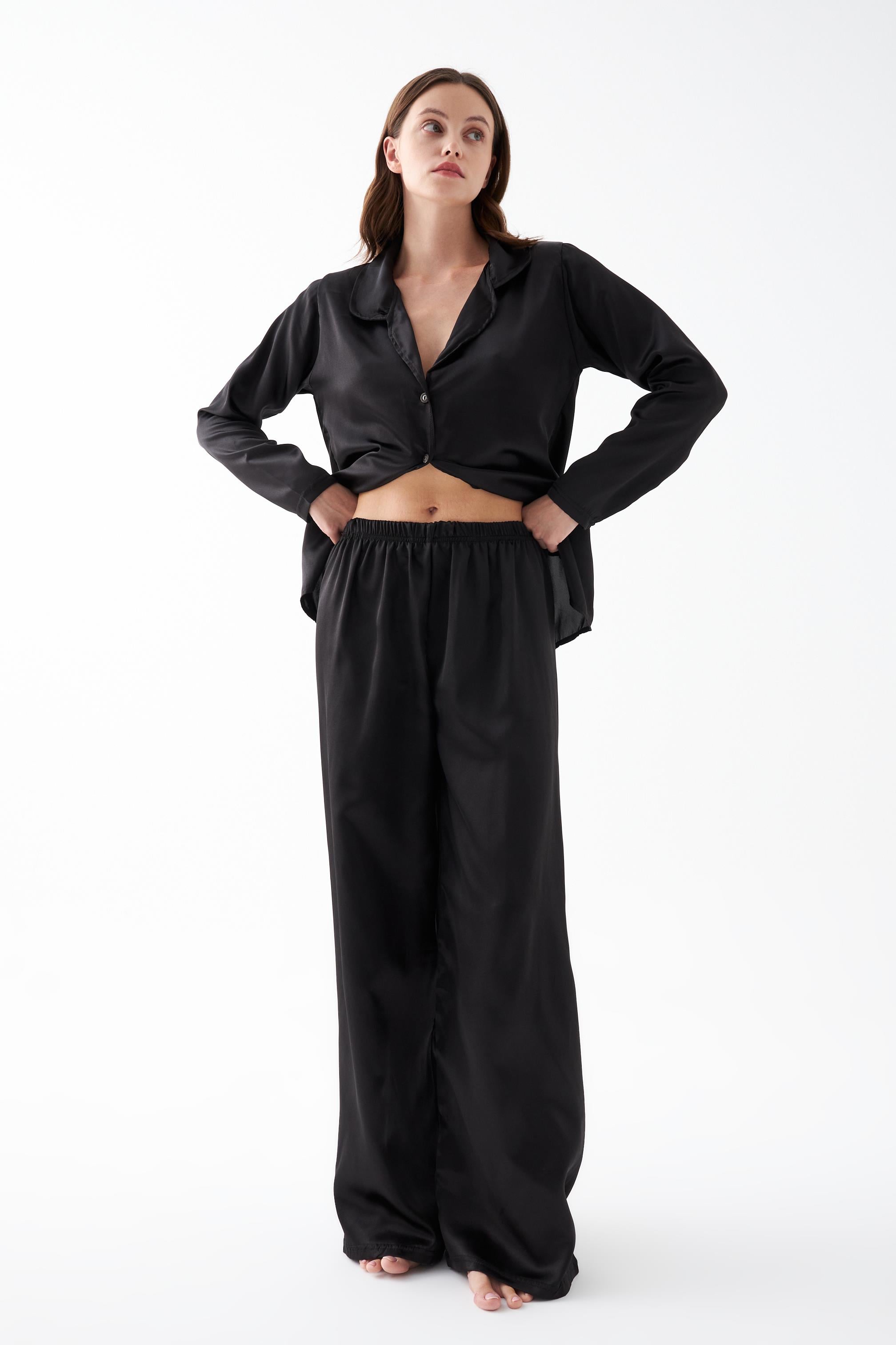 Akbeniz Kadın Siyah Oversize Saten Pijama Takımı