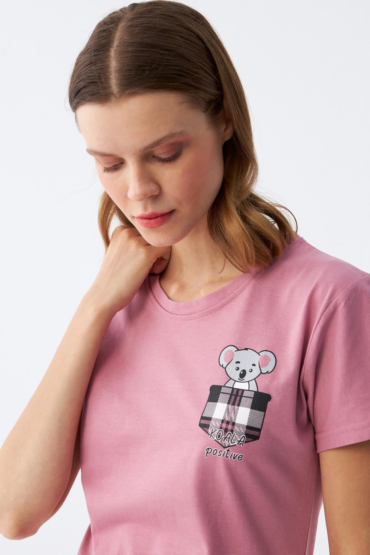 Akbeniz Kadın Somon Ayıcık Baskılı Ekoseli Penye Pijama Takımı