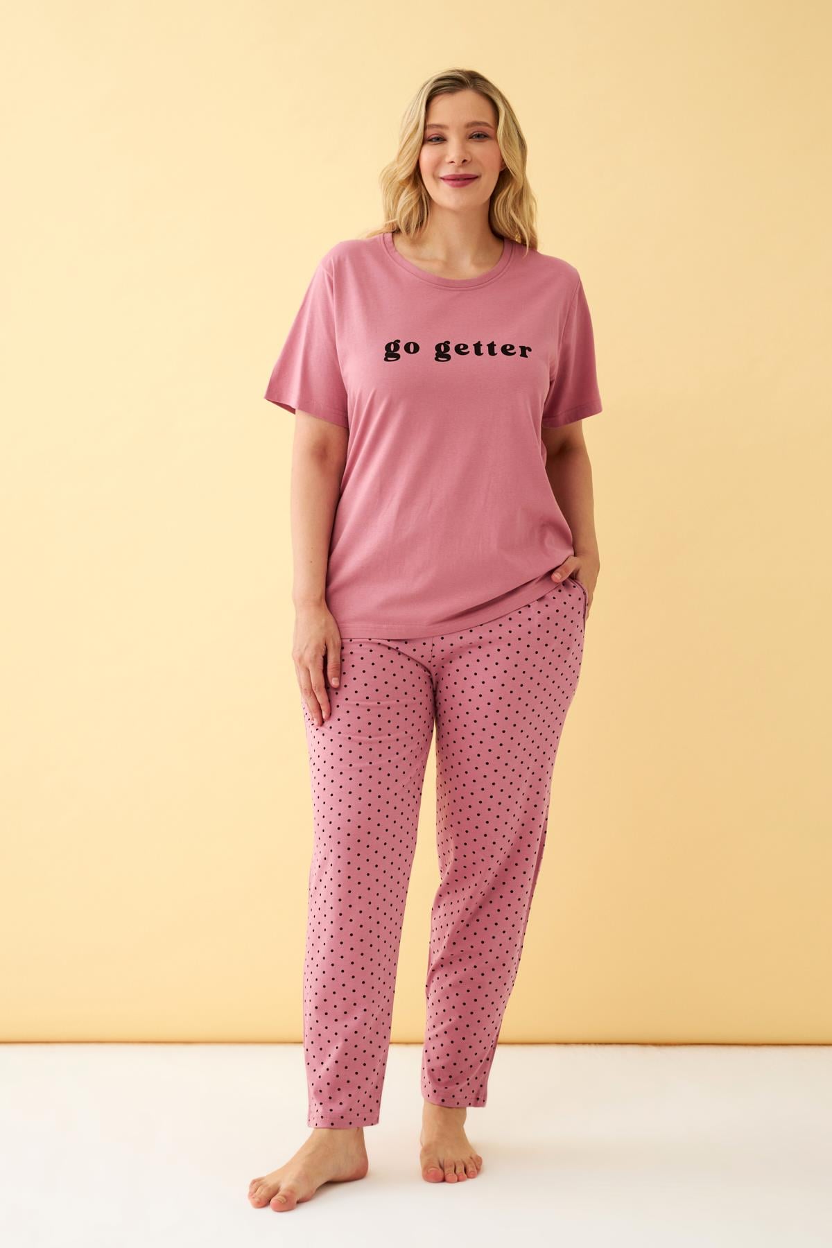 Akbeniz Kadın Somon Go Getter Yazılı Büyük Beden Pijama Takımı