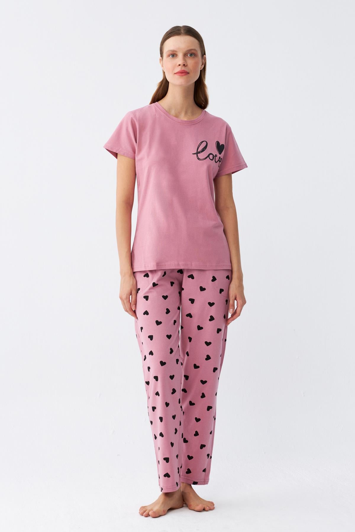 Akbeniz Kadın Somon Kalp Desenli Kısa Kollu Penye Pijama Takımı