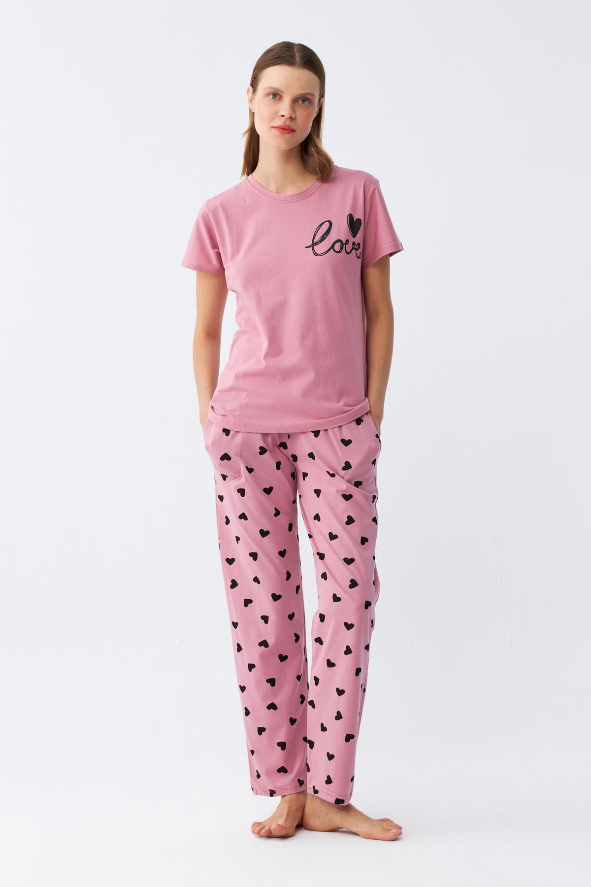 Akbeniz Kadın Somon Kalp Desenli Kısa Kollu Penye Pijama Takımı