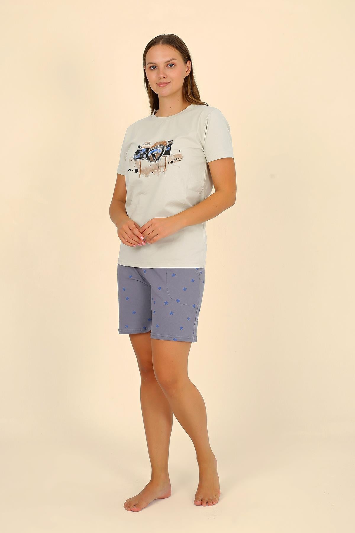 Akbeniz Kadın Şortlu Kısa Kol Penye Pijama Takımı Krem 3622