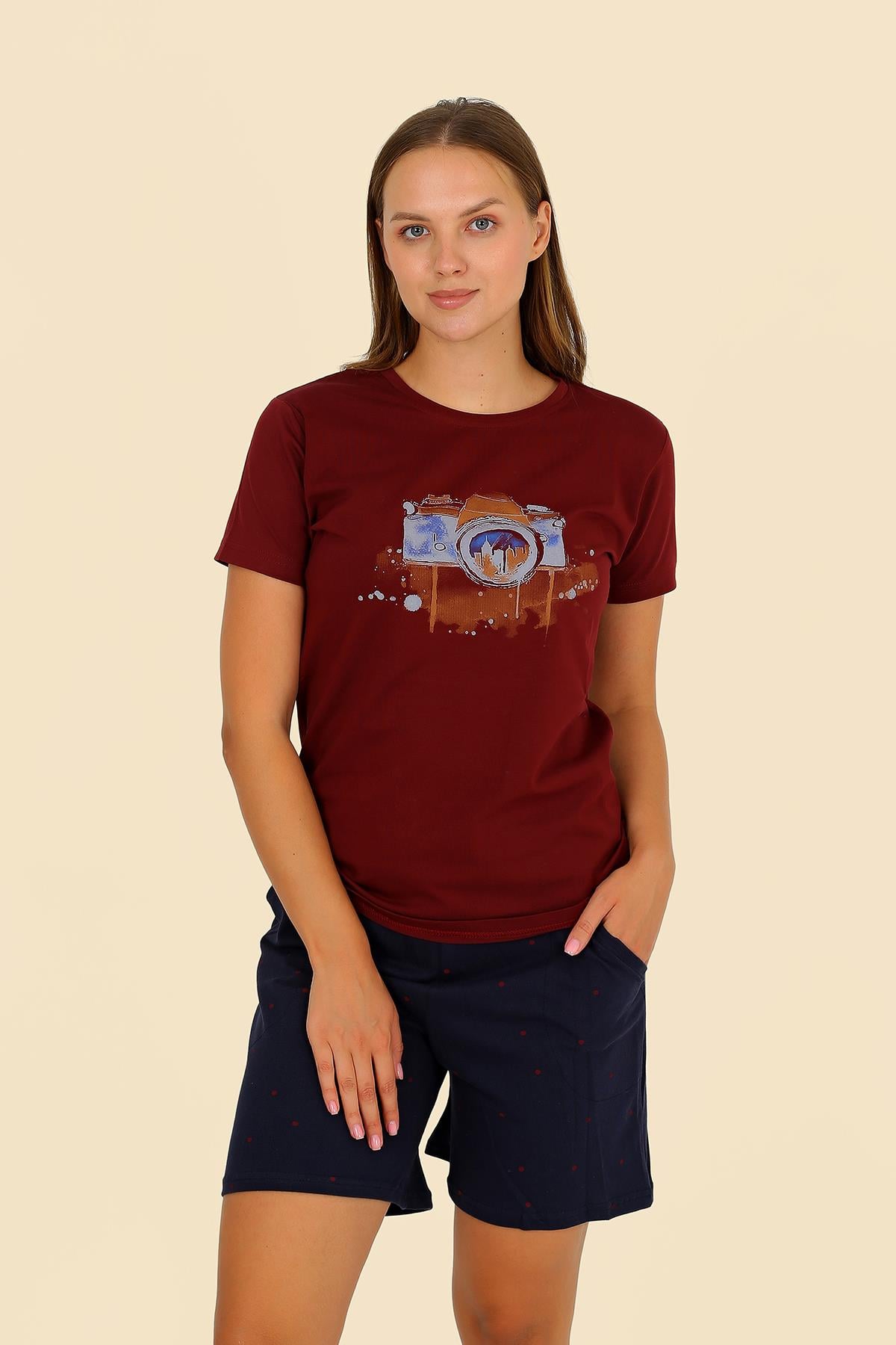 Akbeniz Kadın Şortlu Kısa Kol Penye Pijama Takım Bordo 3622 