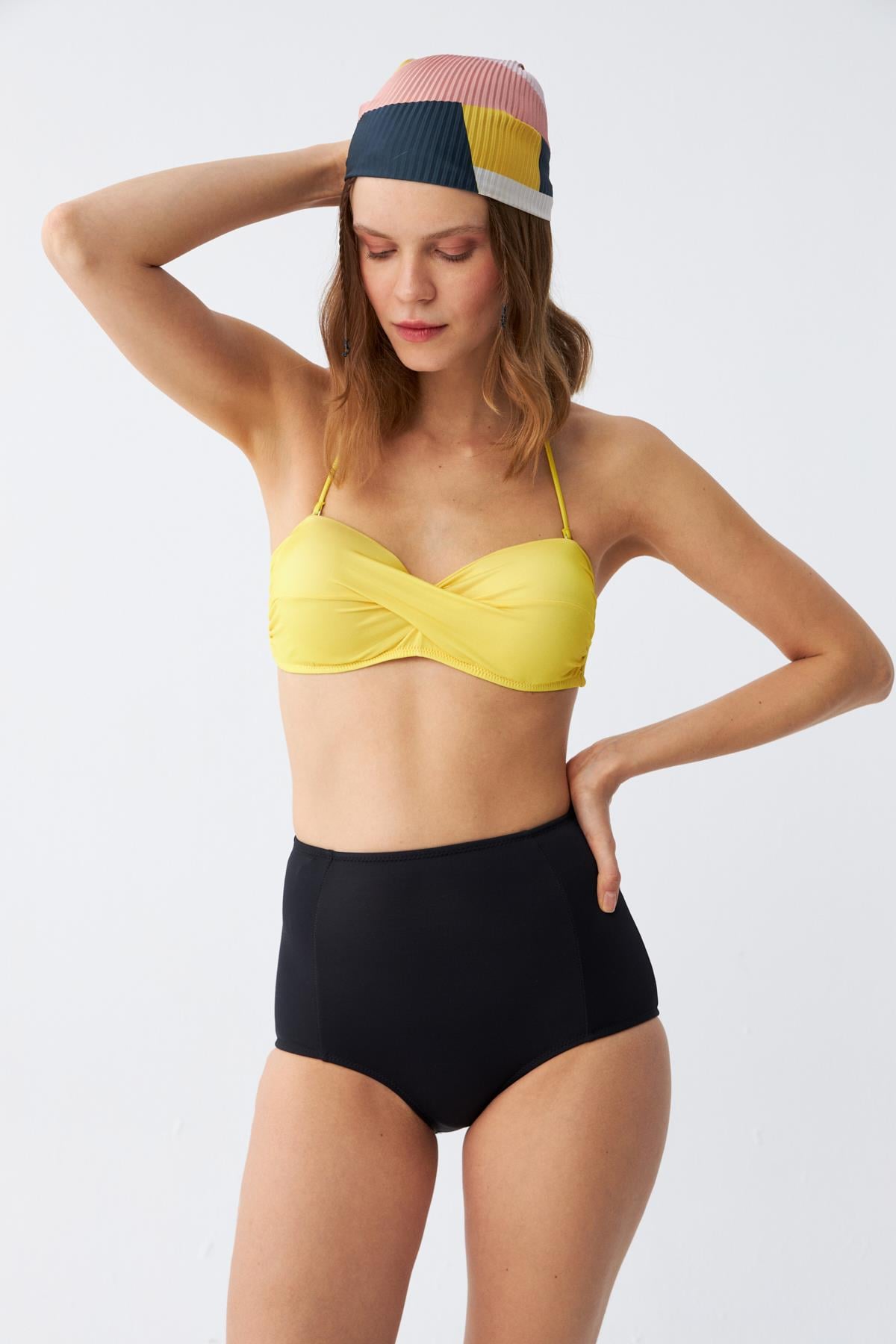 Akbeniz Kadın Straplez Sarı Yüksek Bel Bikini Takımı