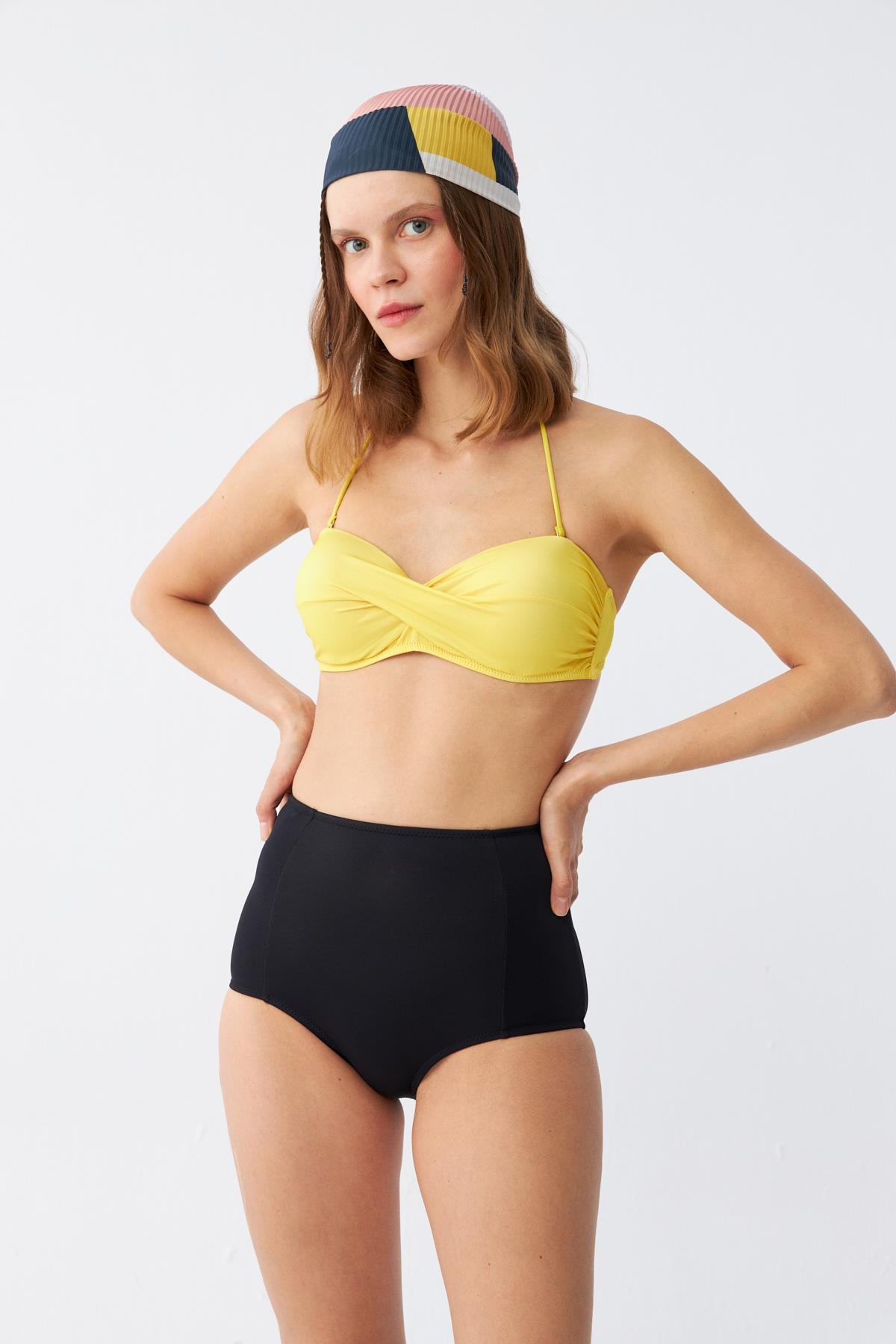 Akbeniz Kadın Straplez Sarı Yüksek Bel Bikini Takımı