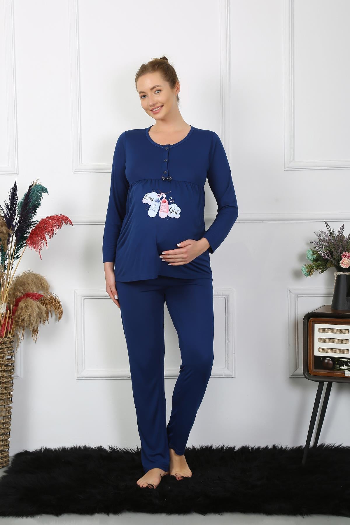 Akbeniz Kadın Uzun Kol Hamile Lohusa Pijama Takımı Lacivert 45501
