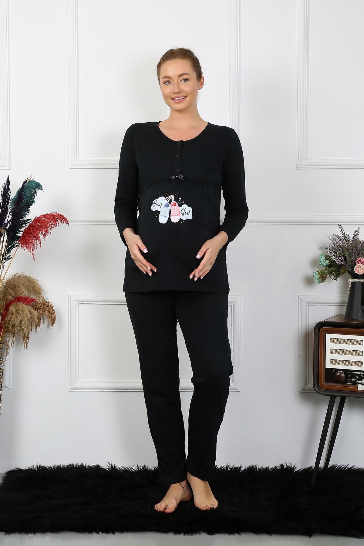 Akbeniz Kadın Uzun Kol Hamile Lohusa Pijama Takımı Siyah 45501