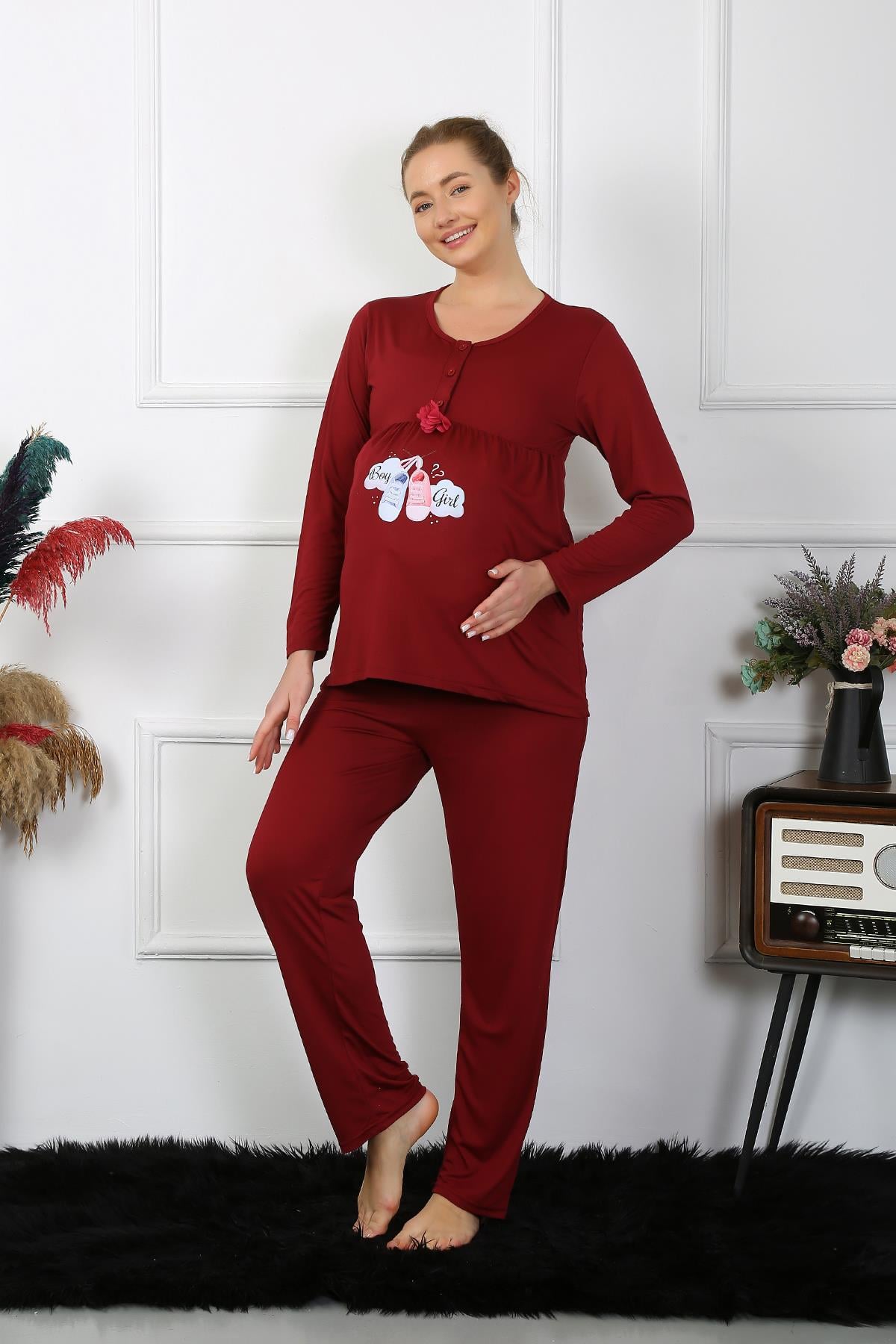 Akbeniz Kadın Uzun Kol Hamile Lohusa Pijama Takımı Bordo 45501