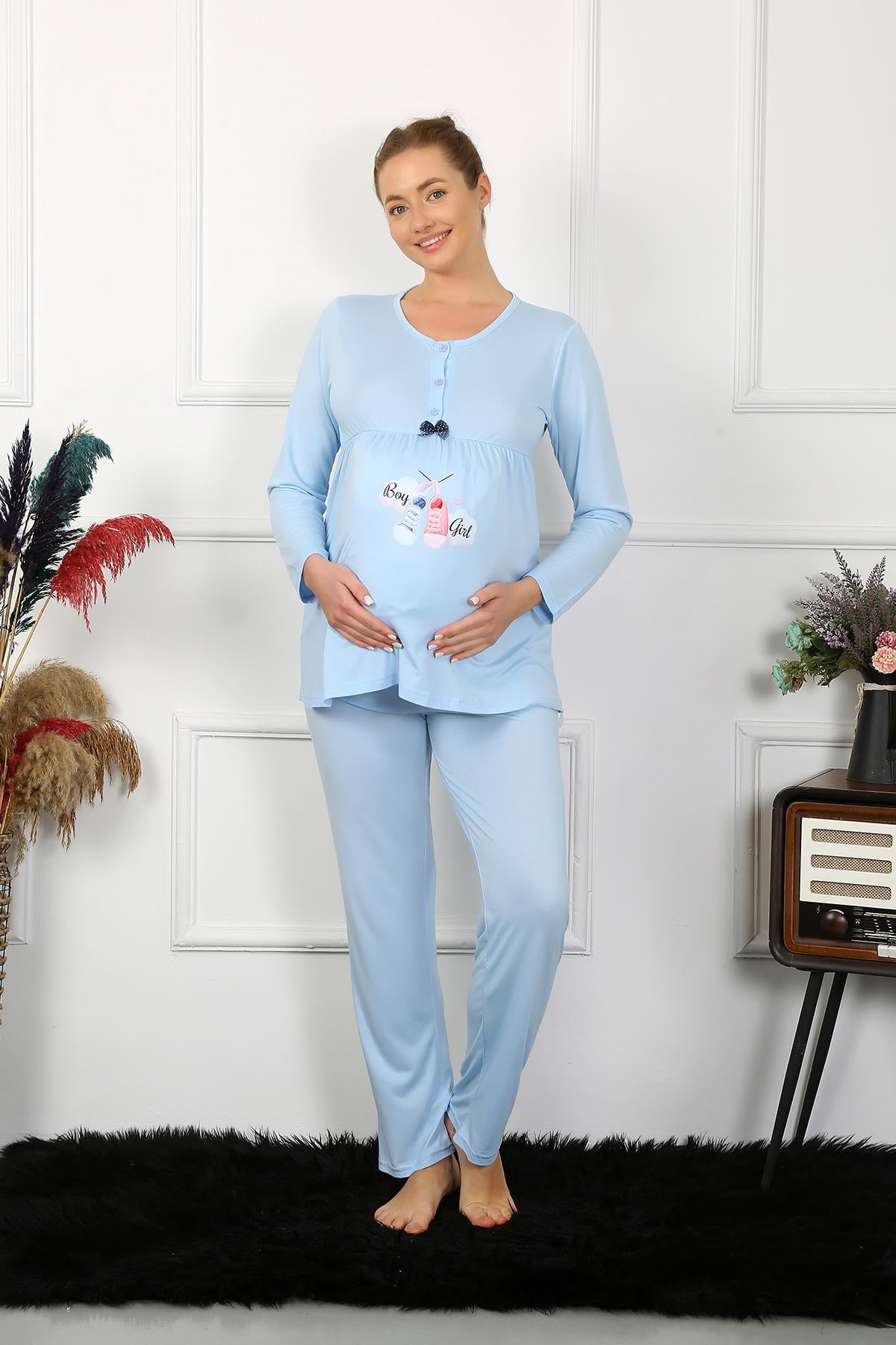 Akbeniz Kadın Uzun Kol Hamile Lohusa Pijama Takımı Mavi 45501