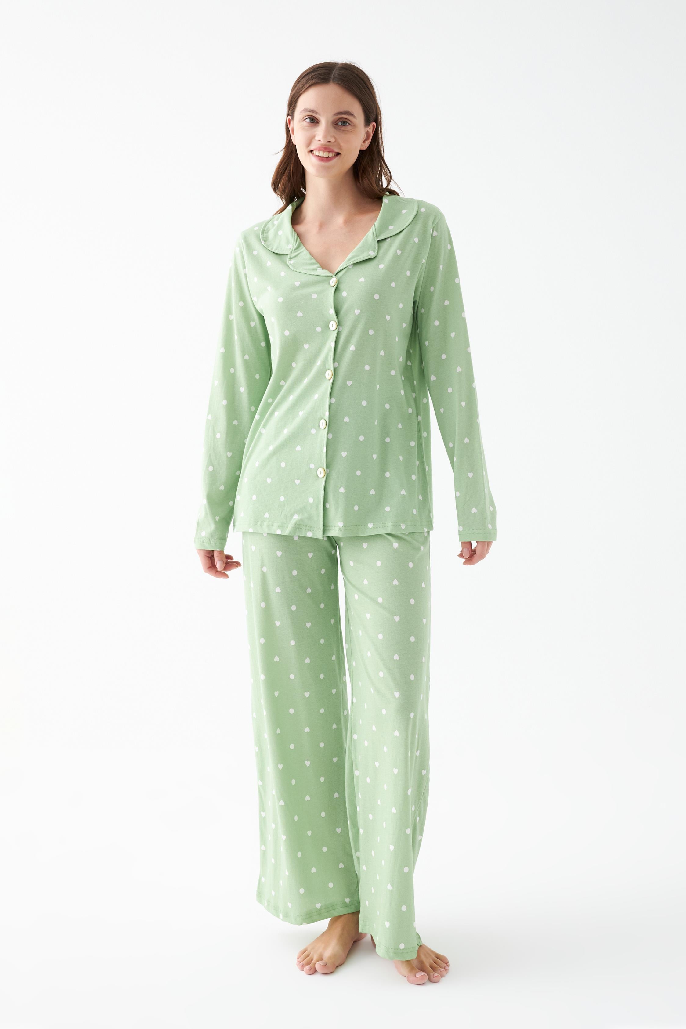 Akbeniz Kadın Yeşil Kalp Desenli Düğmeli Pamuklu Pijama Takımı