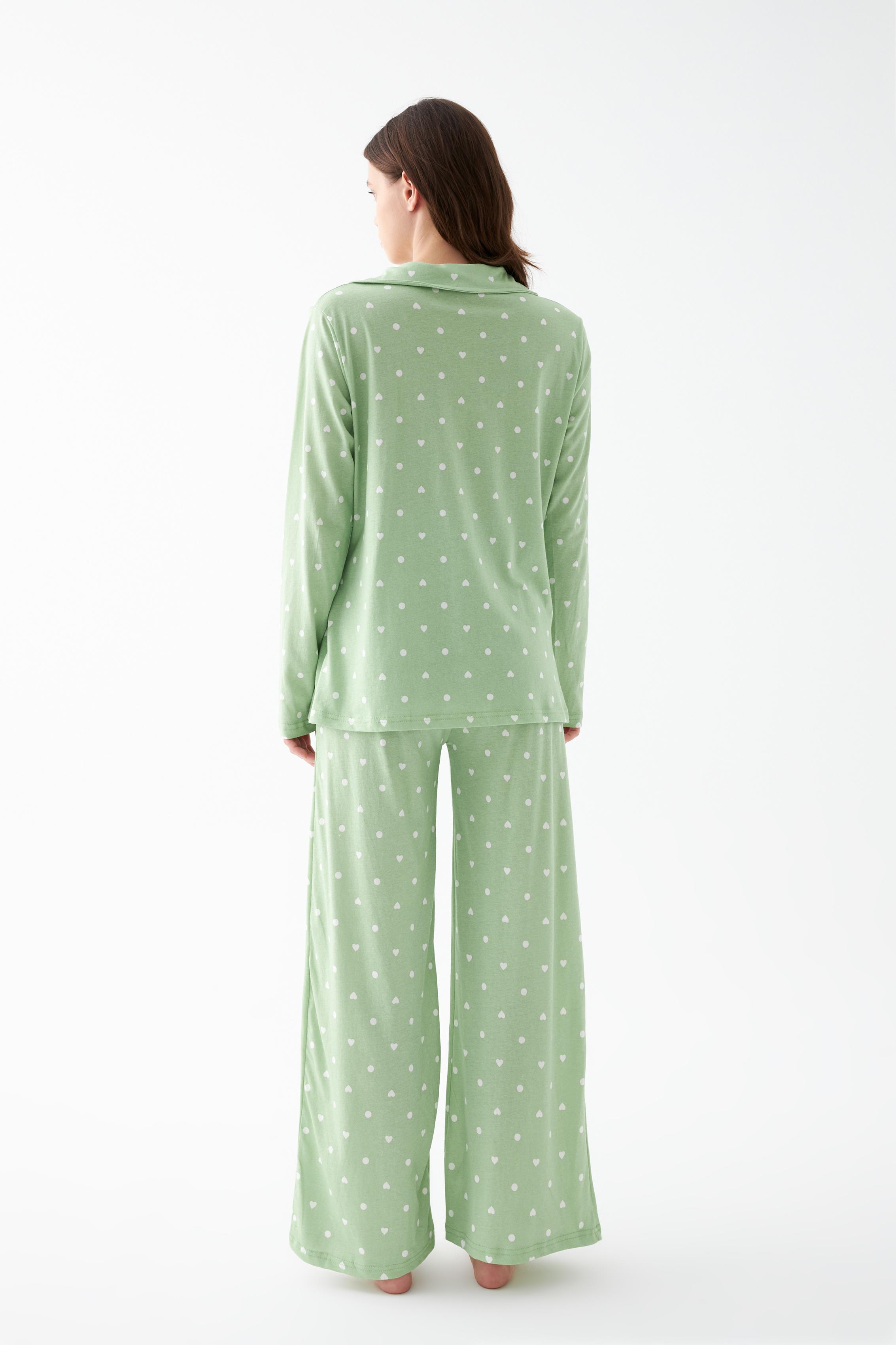 Akbeniz Kadın Yeşil Kalp Desenli Düğmeli Pamuklu Pijama Takımı