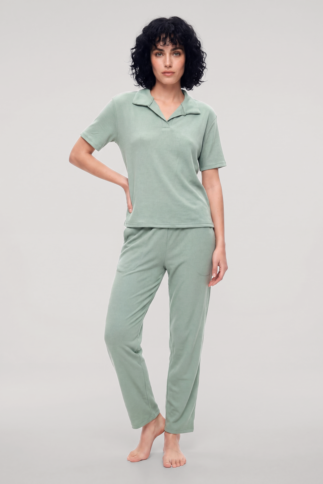 Akbeniz Kadın Yeşil Polo Yaka Pijama Takımı