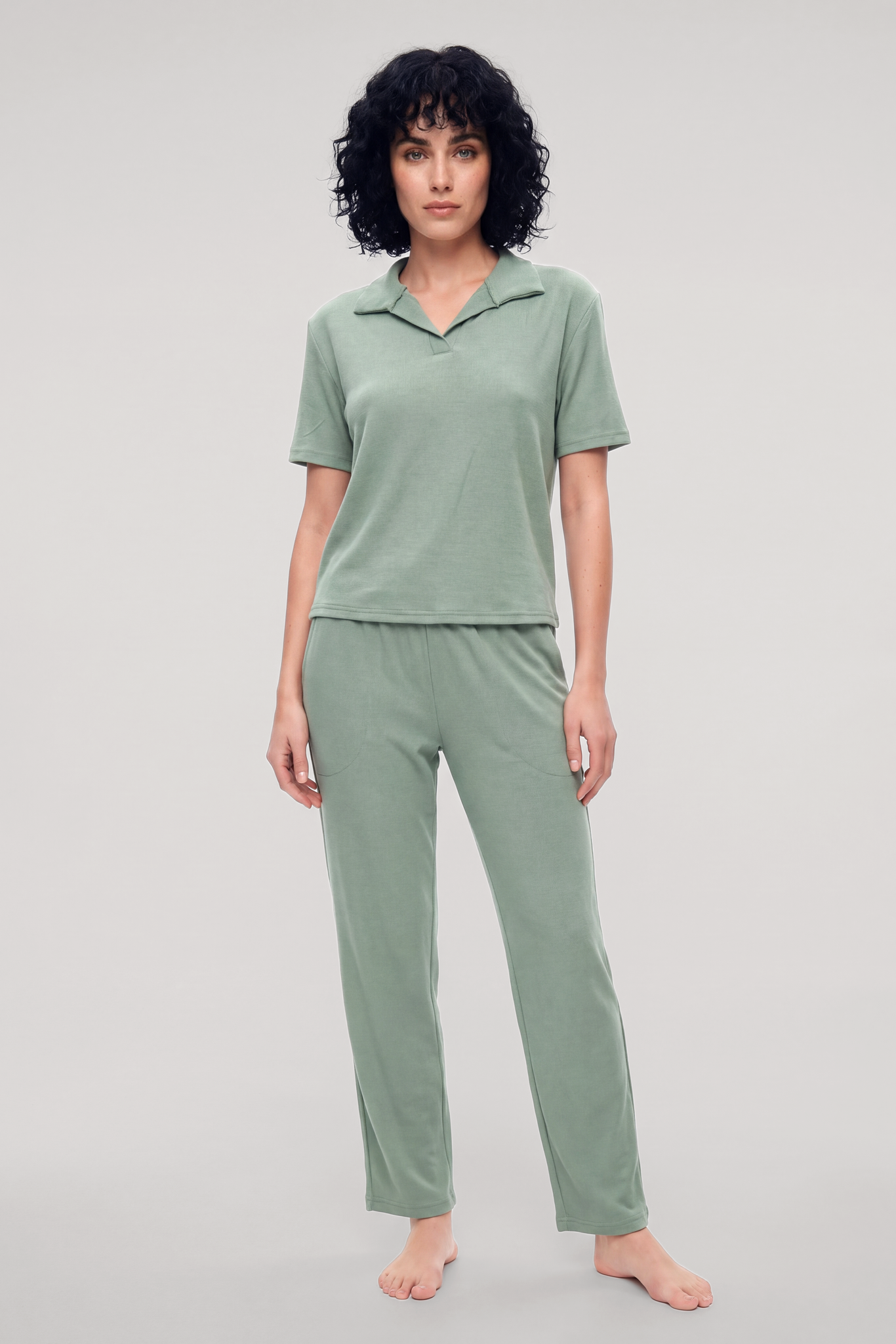 Akbeniz Kadın Yeşil Polo Yaka Pijama Takımı