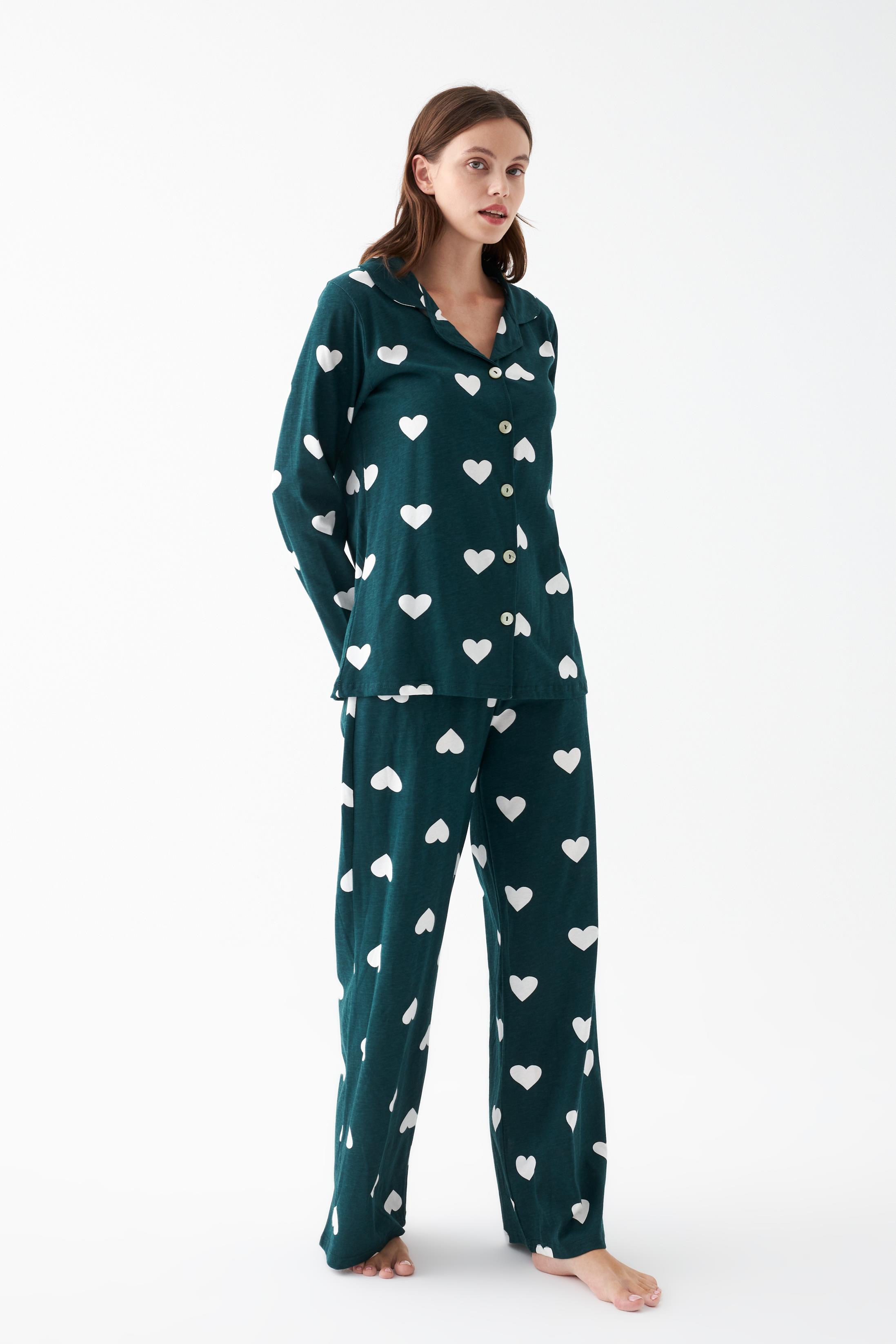 Akbeniz Kadın Zümrüt Yeşili Kalp Desenli Düğmeli Pamuklu Pijama Takımı