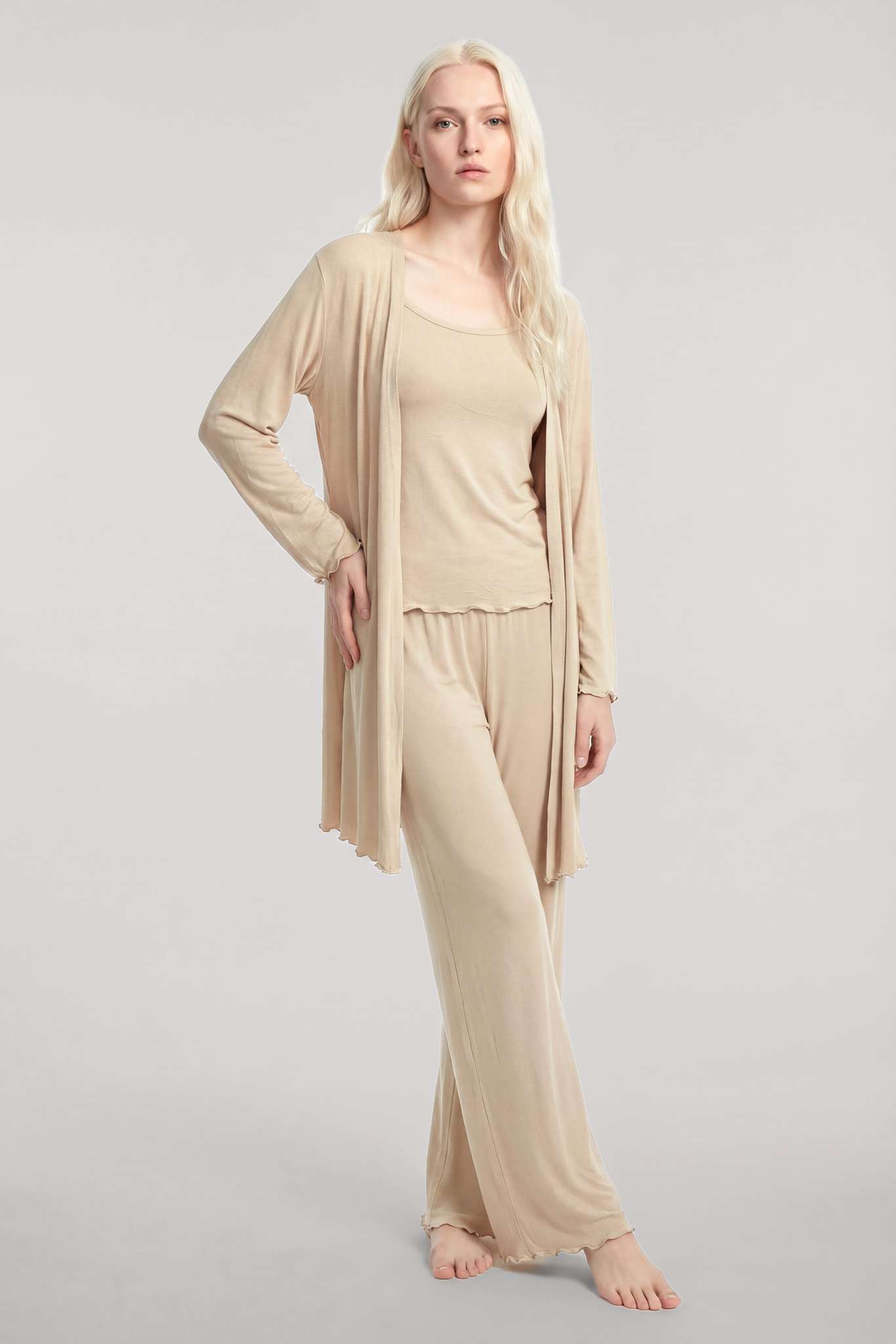 Akbeniz Kısa Kimono 3lü Takım Bej