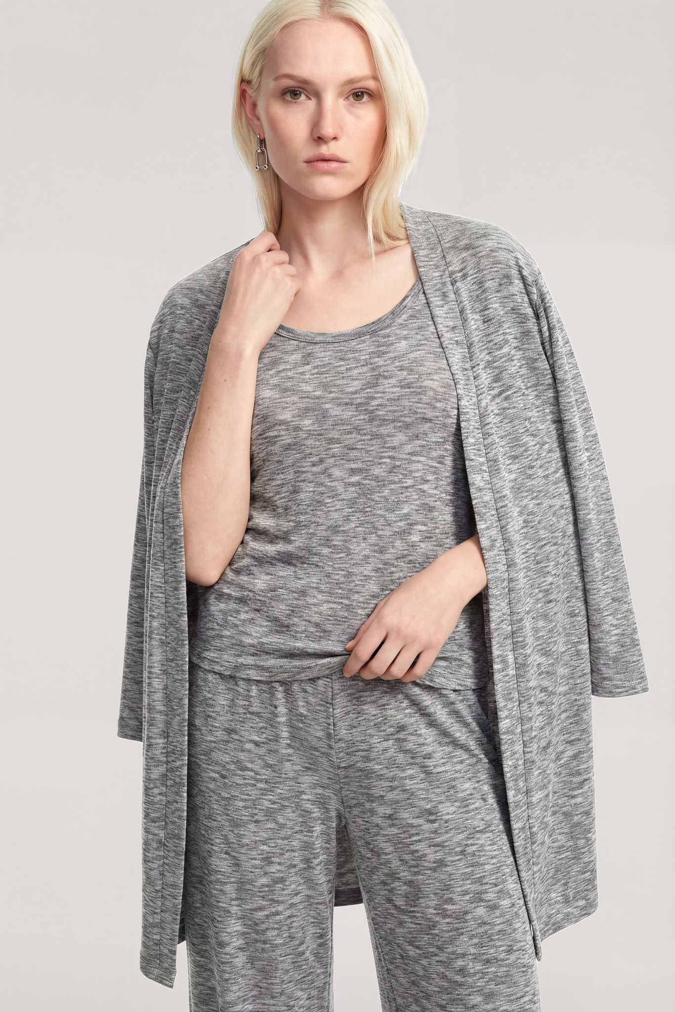 Akbeniz Kısa Kimono 3lü Takım Gri Melanj