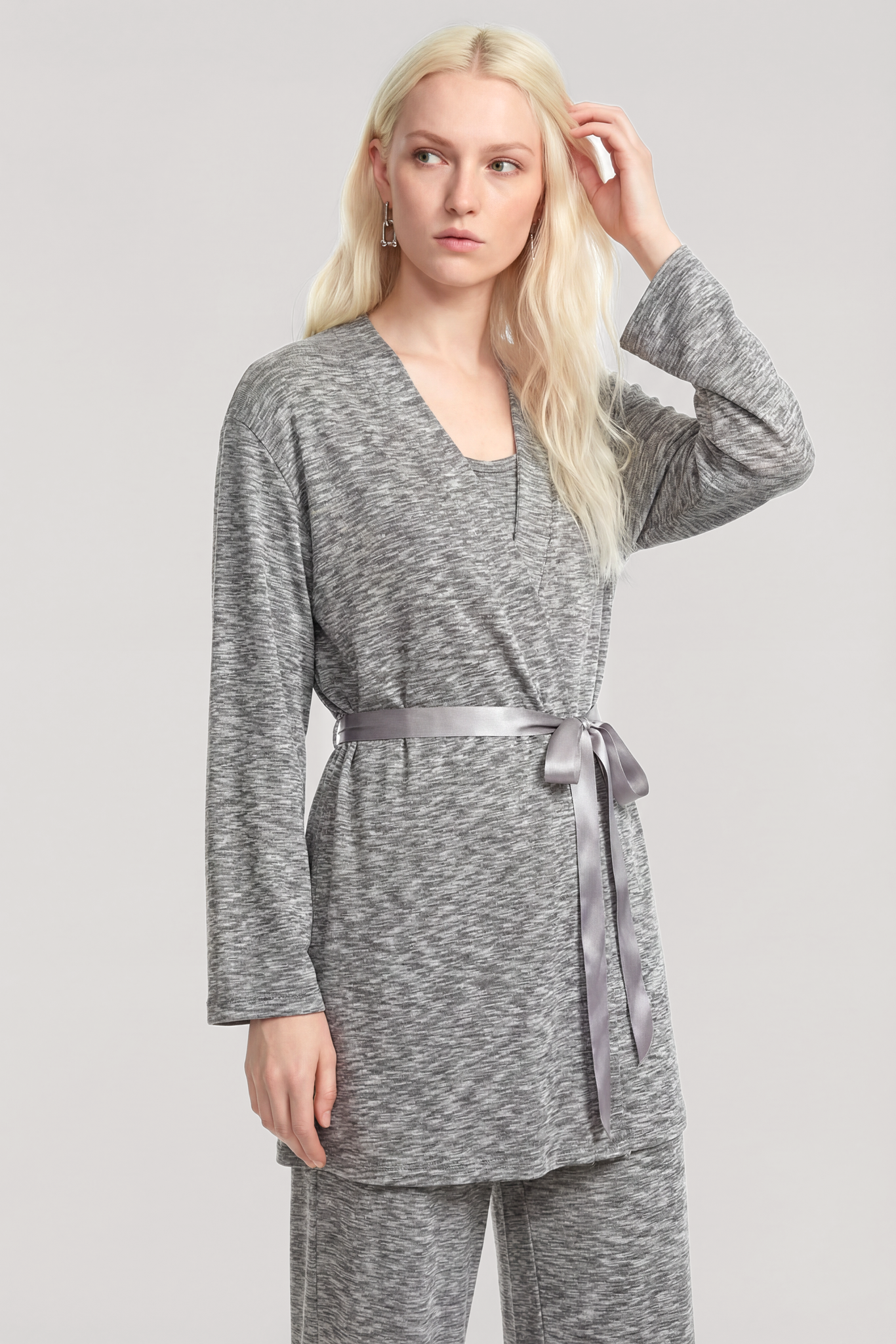 Akbeniz Kısa Kimono 3lü Takım Gri Melanj
