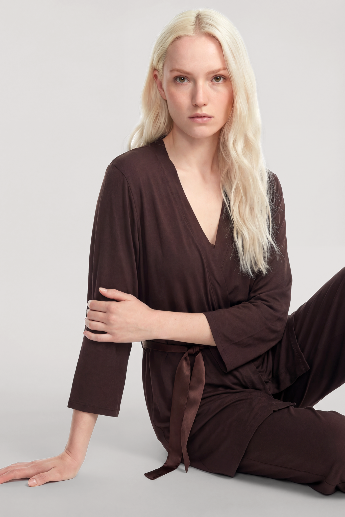 Akbeniz Kısa Kimono 3lü Takım Kahve