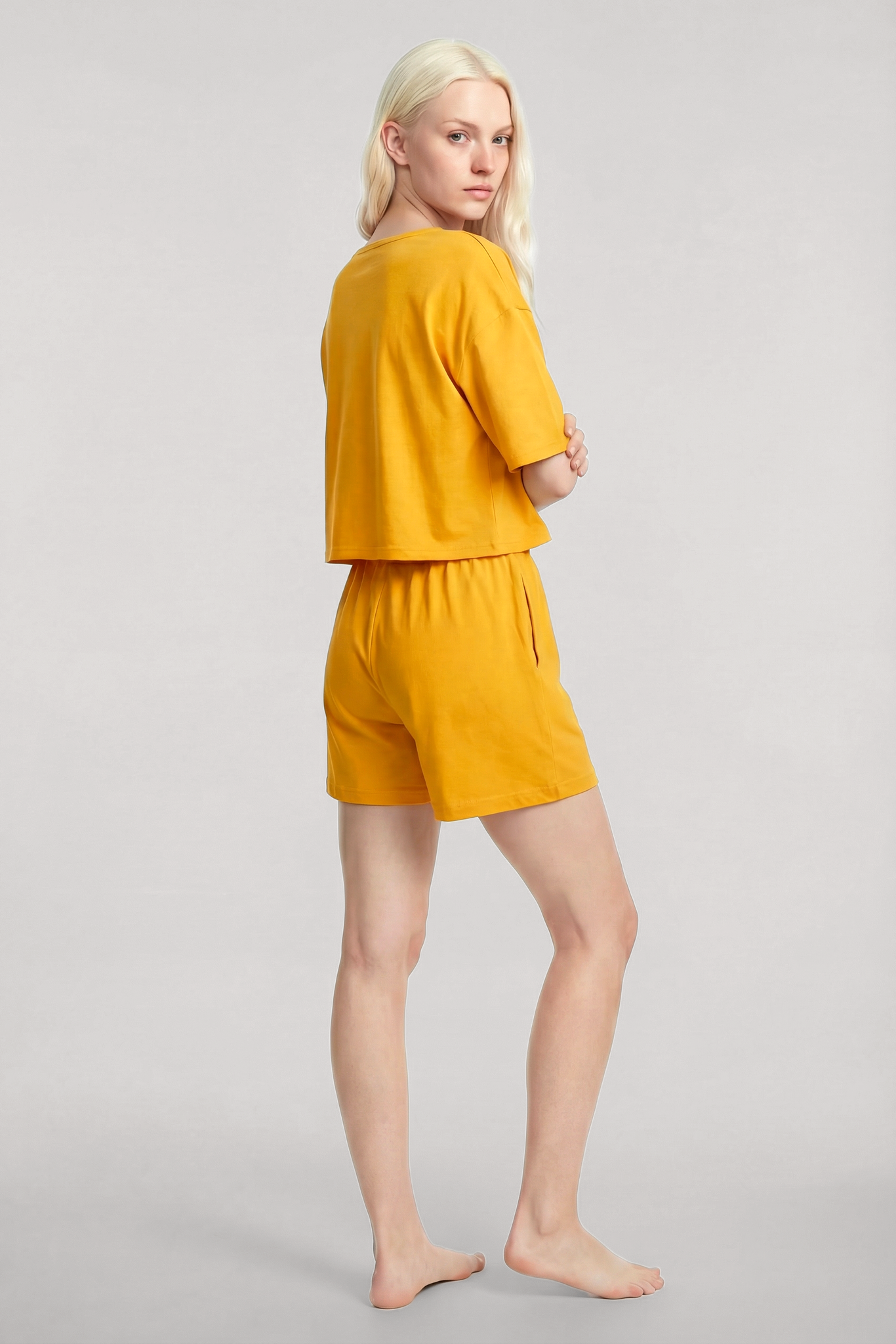 Akbeniz Kısa Kollu Şortlu Pijama Takımı Sarı