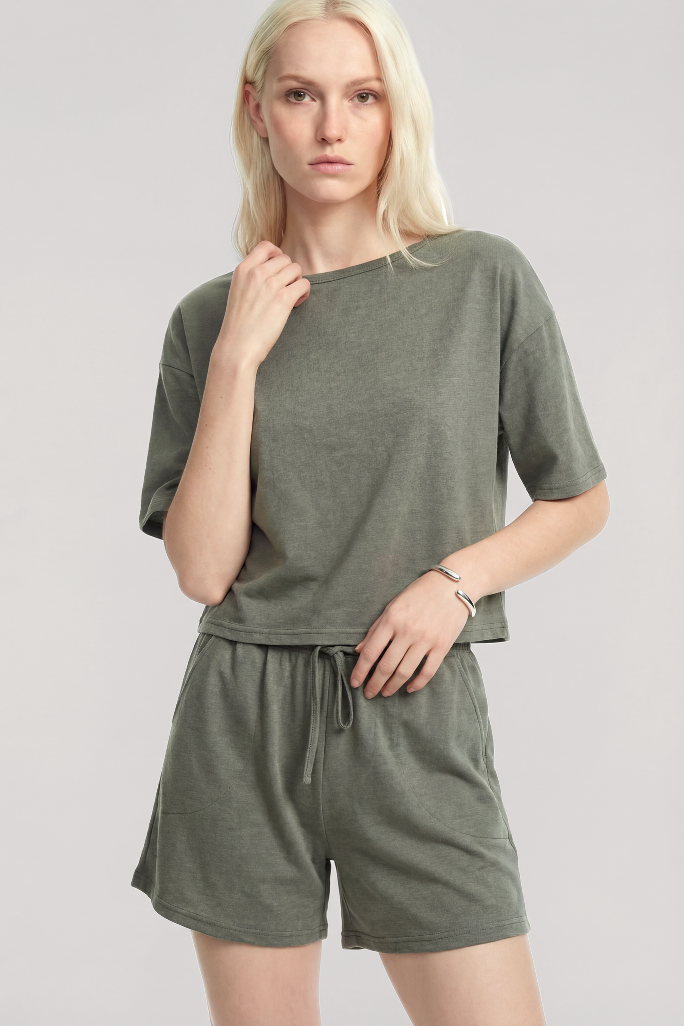 Akbeniz Kısa Kollu Şortlu Pijama Takımı Haki
