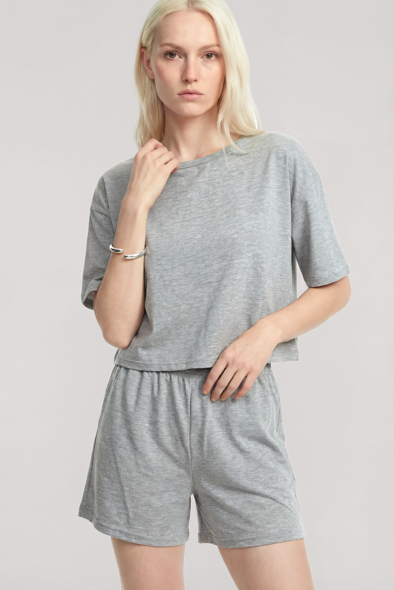 Akbeniz Kısa Kollu Şortlu Pijama Takımı Gri