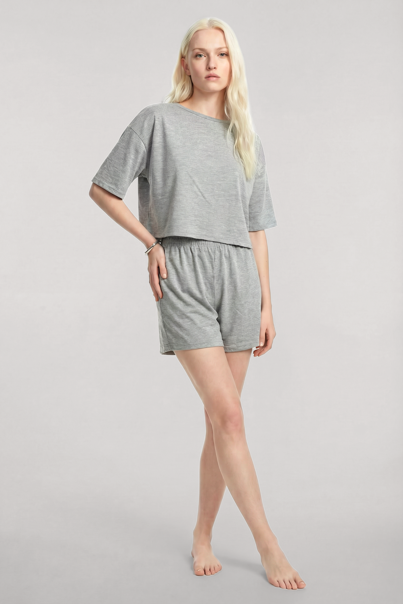 Akbeniz Kısa Kollu Şortlu Pijama Takımı Gri