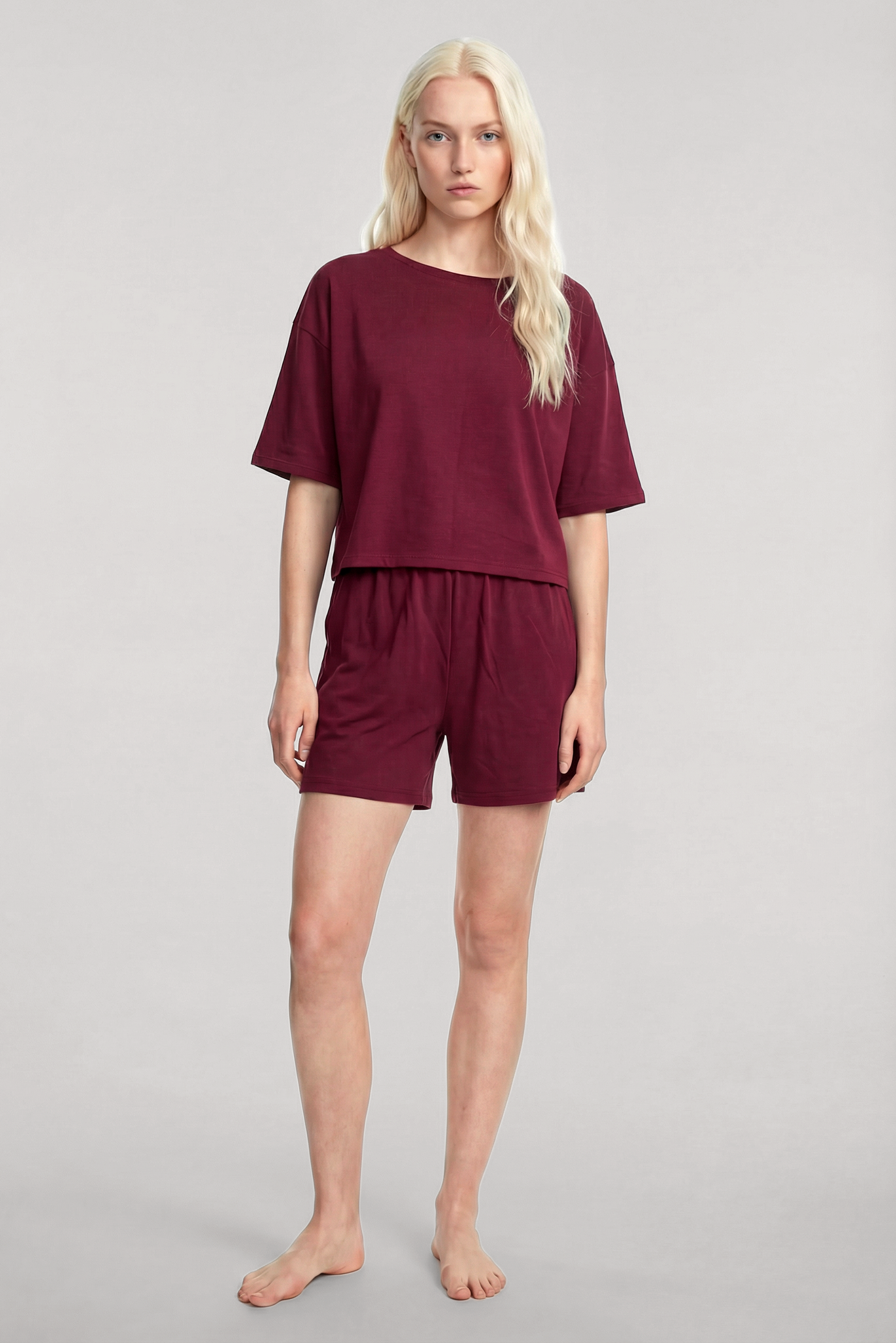 Akbeniz Kısa Kollu Şortlu Pijama Takımı Bordo