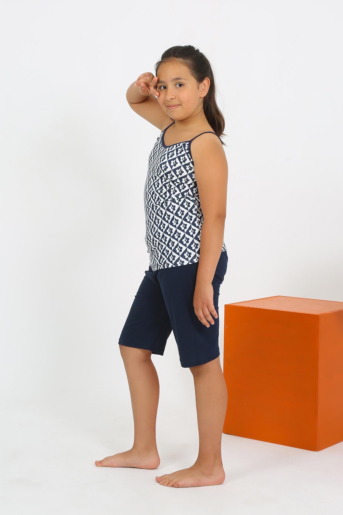 Akbeniz Kız Çocuk İp Askılı Şortlu Penye Lacivert Pijama Takım 20430