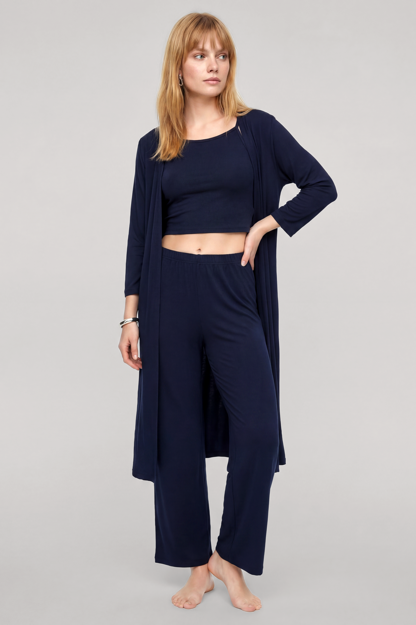 Akbeniz Uzun Kimono 3lü Takım Lacivert