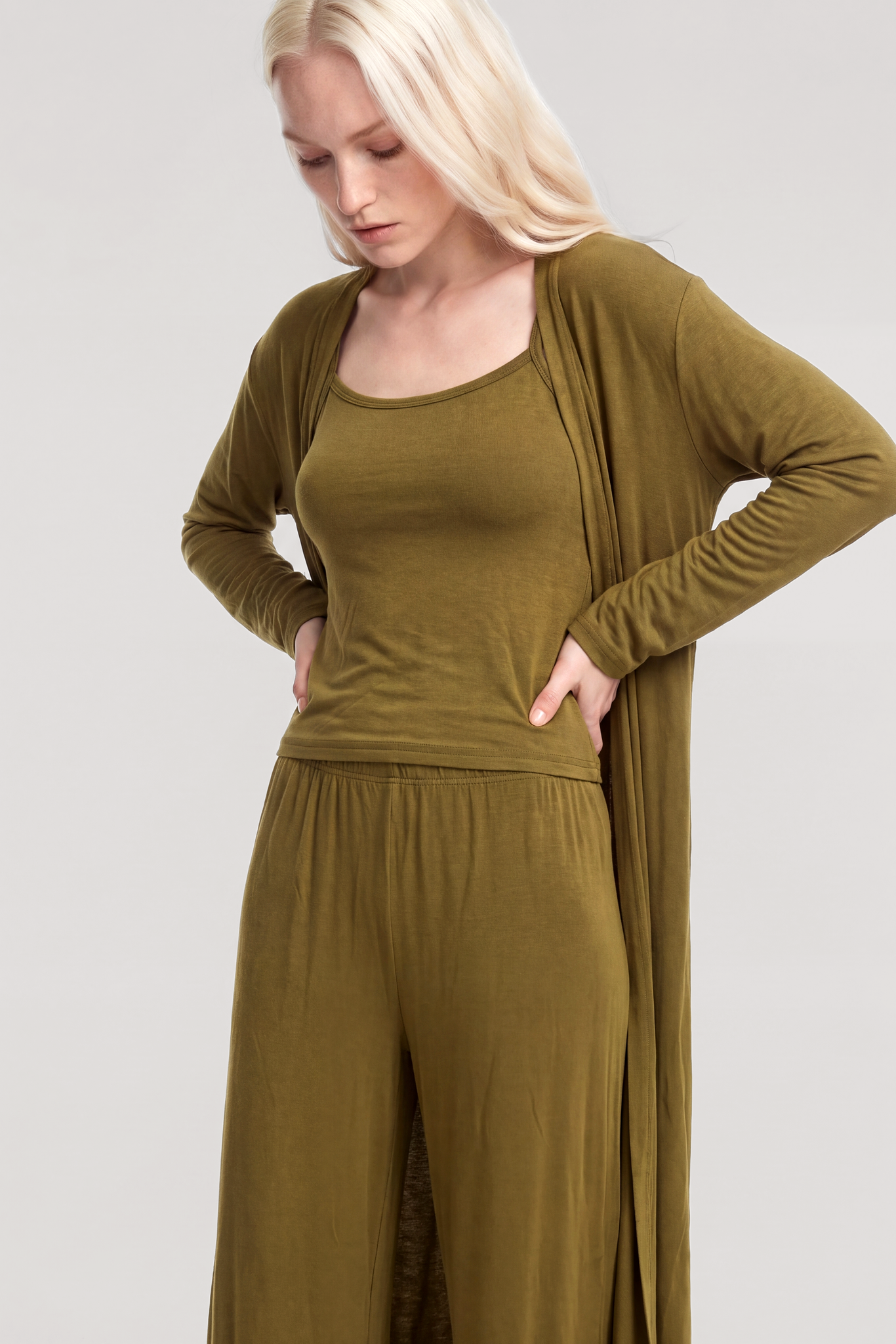 Akbeniz Uzun Kimono 3lü Takım Yeşil